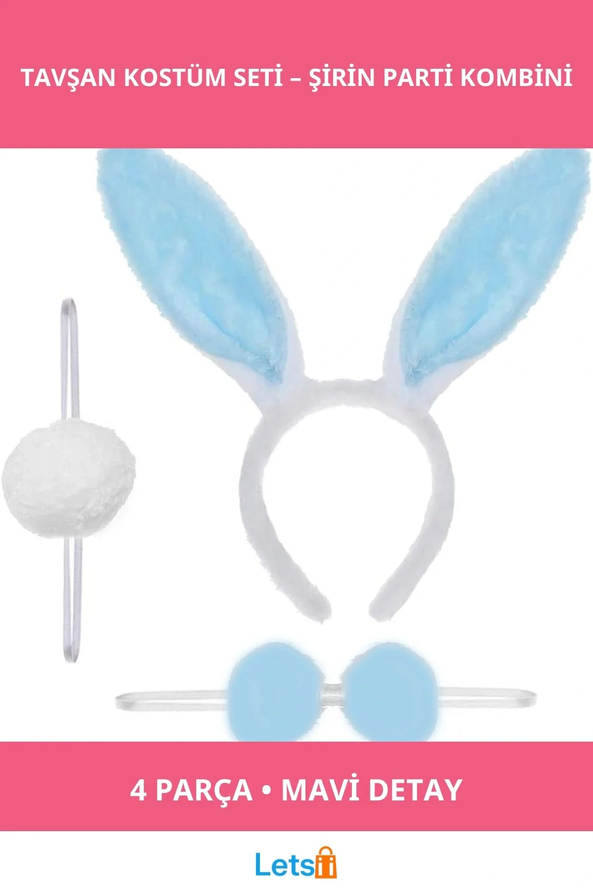 Mavi Tavşan Kostüm Seti Taç, Papyon, Ponpon, Kuyruk