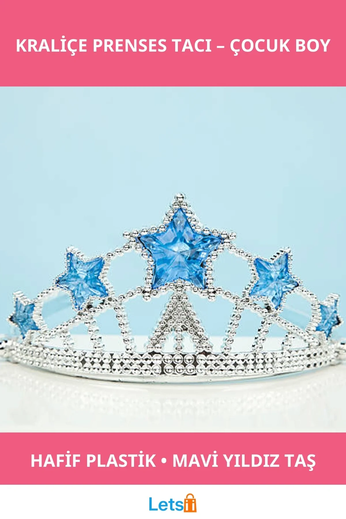 Mavi Yıldız Taşlı Plastik Kraliçe Prenses Tacı Çocuk Boy