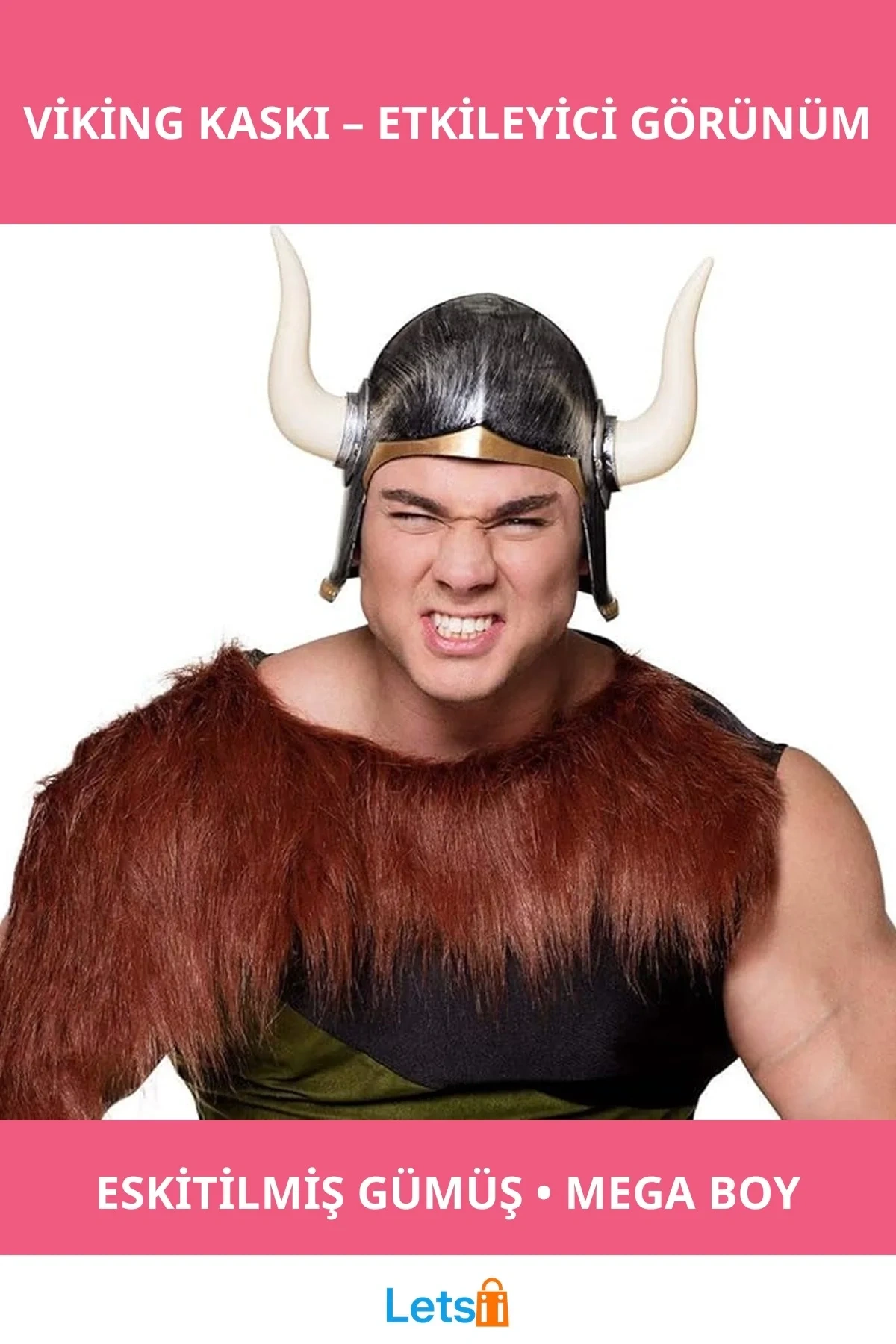 Mega Boynuzlu Viking Ivar Kaskı Eskitilmiş Desen Gümüş Renk