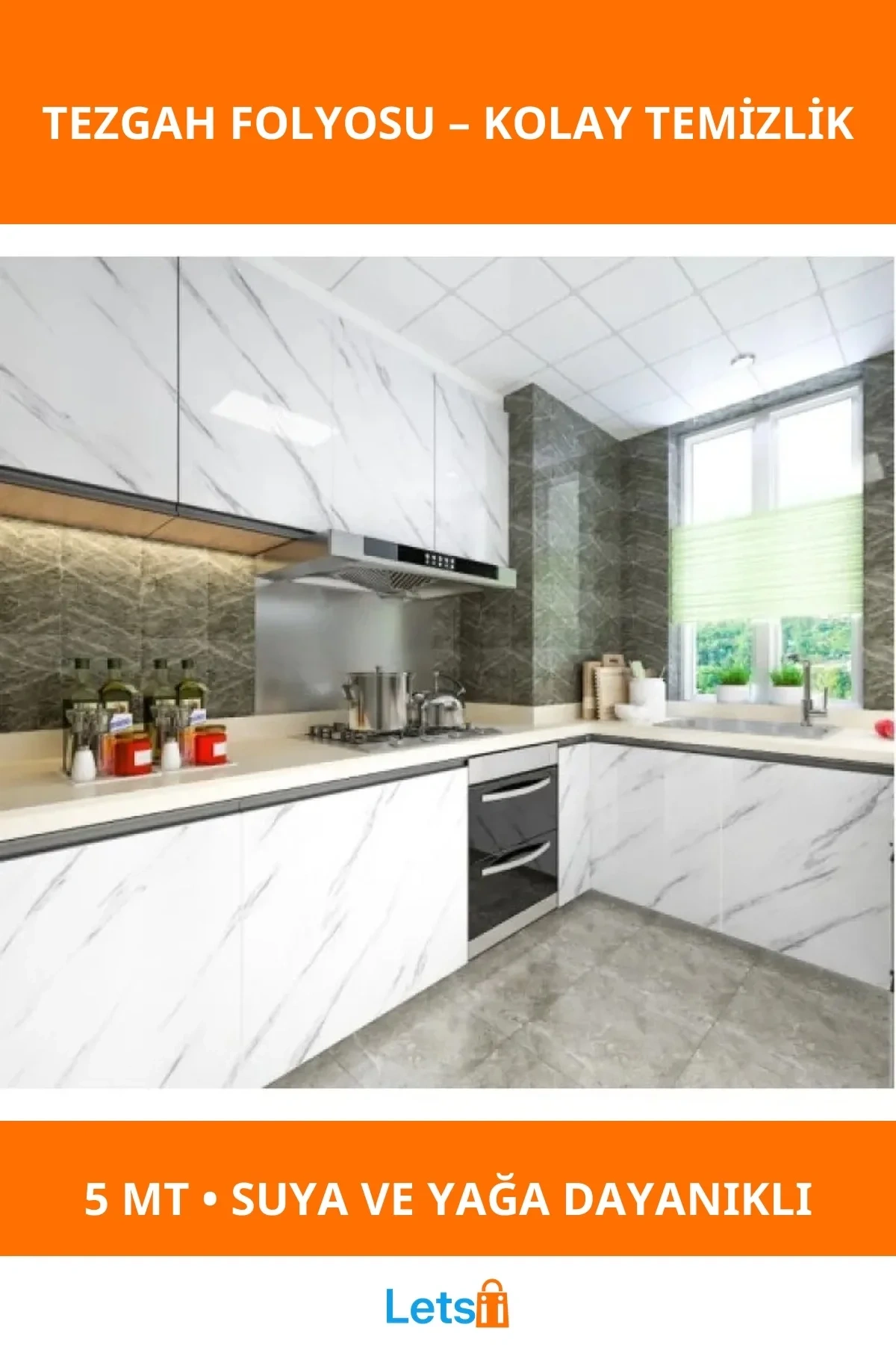 Mermer Desenli Su Geçirmez Yapışkanlı Tezgah Folyosu 5m 60cm