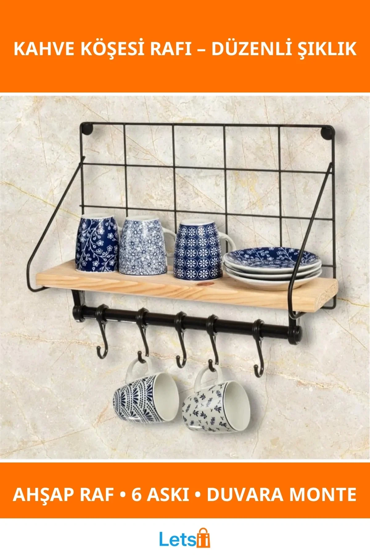 Metal Askılıklı Kahve Köşesi Rafı Ahşap ve Metal Şıklığında