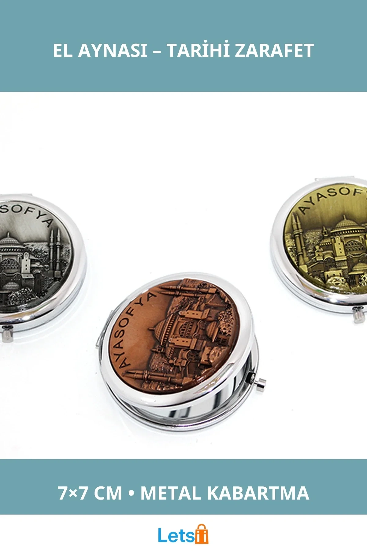 Metal Ayasofya Kabartmalı El Aynası 7x7 cm