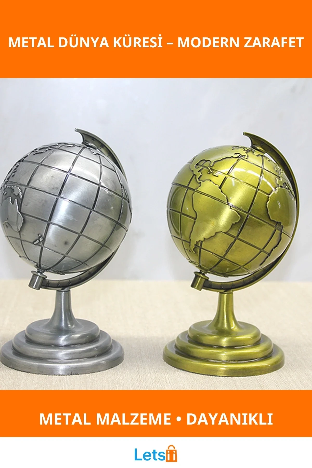 Metal Dünya Küre Altın Gümüş Tasarım Dekoratif Aksesuar