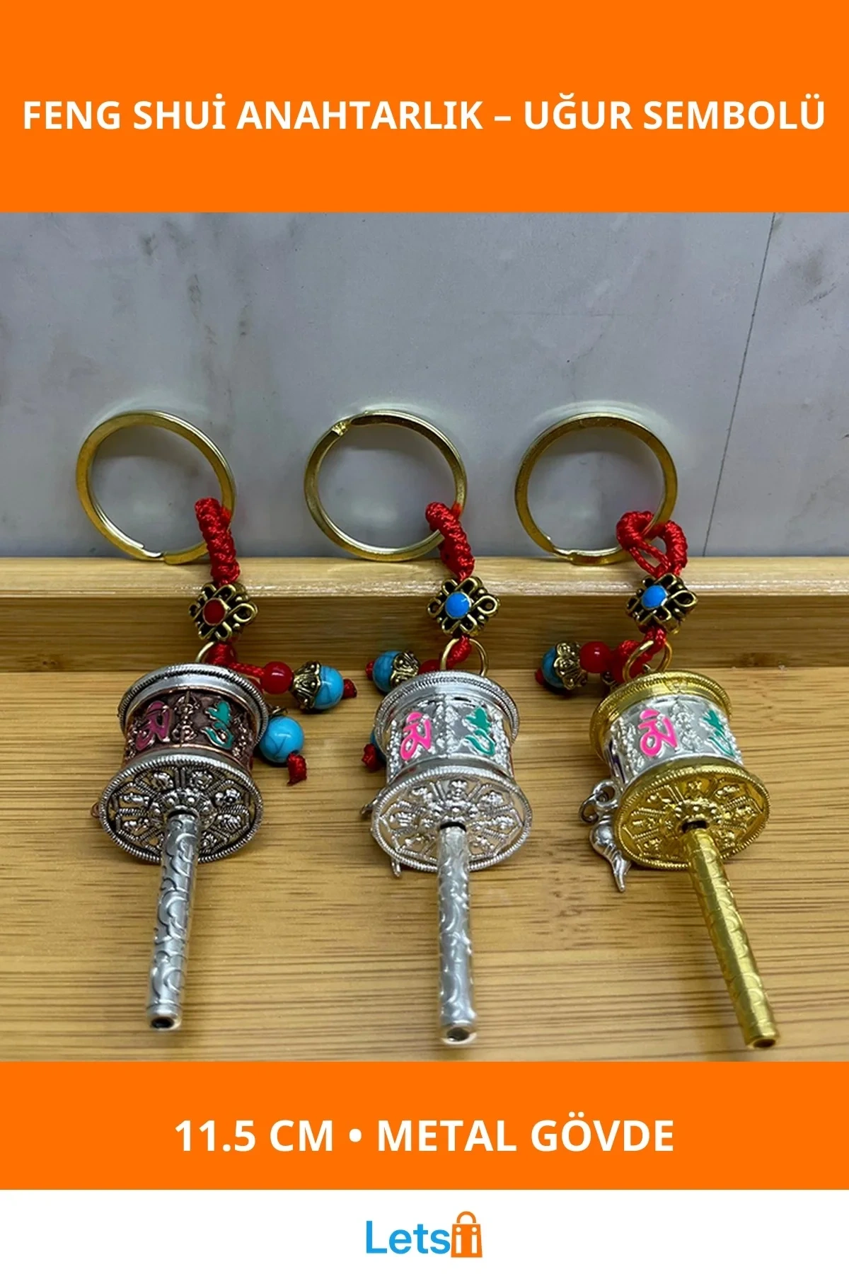 Metal Feng Shui Şans Çarkı Anahtarlık 11,5 cm Renkli Süslemeli