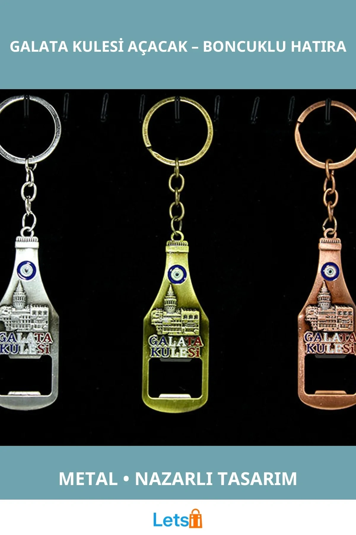 Metal Galata Kulesi Nazar Boncuğu Tasarımlı Anahtarlık ve Açacak
