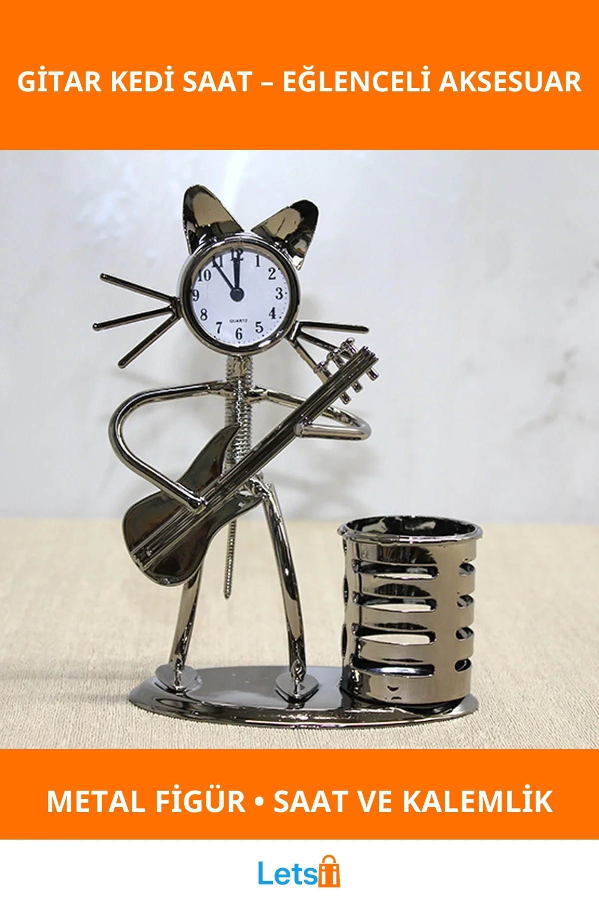 Metal Gitar Çalan Müzisyen Kedi Saat Kalemlik