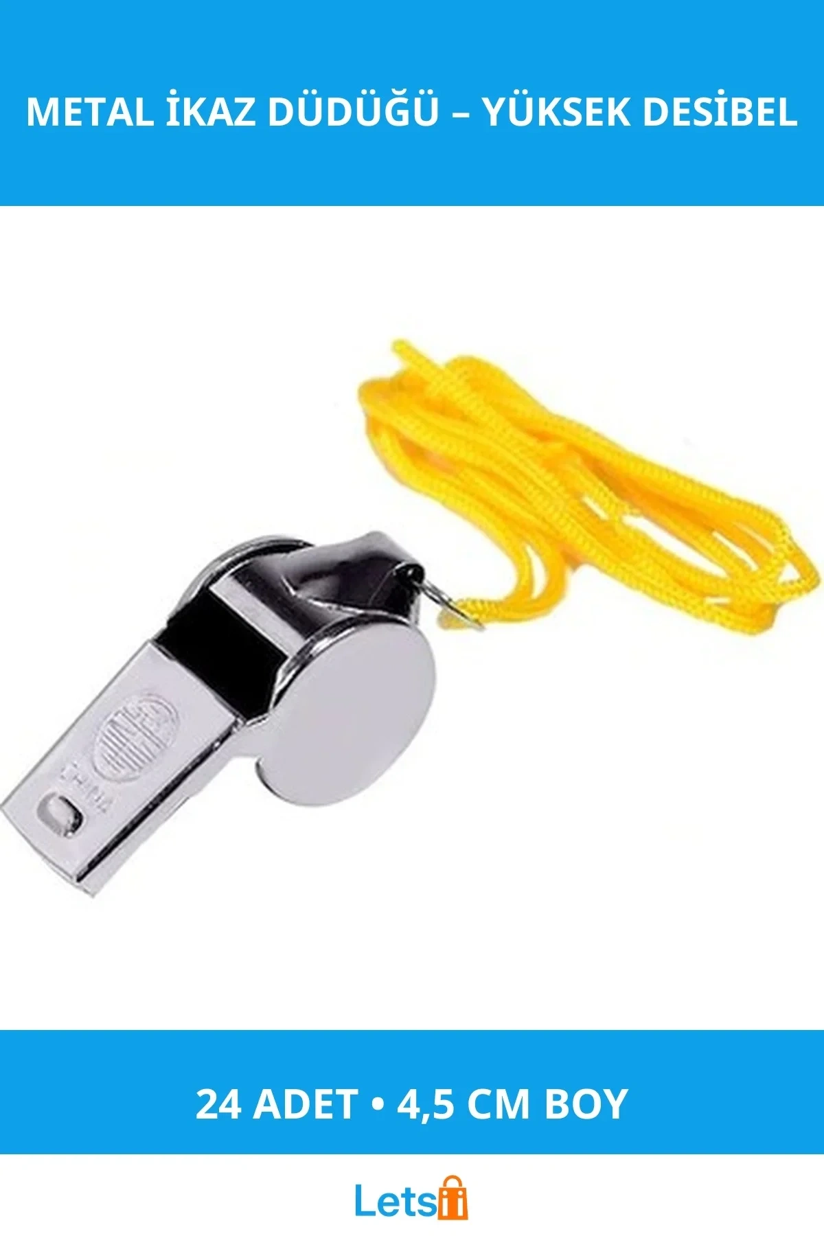 Metal İpli İkaz Düdüğü 4,5 cm 24 Adet Hakem ve Deprem Düdüğü