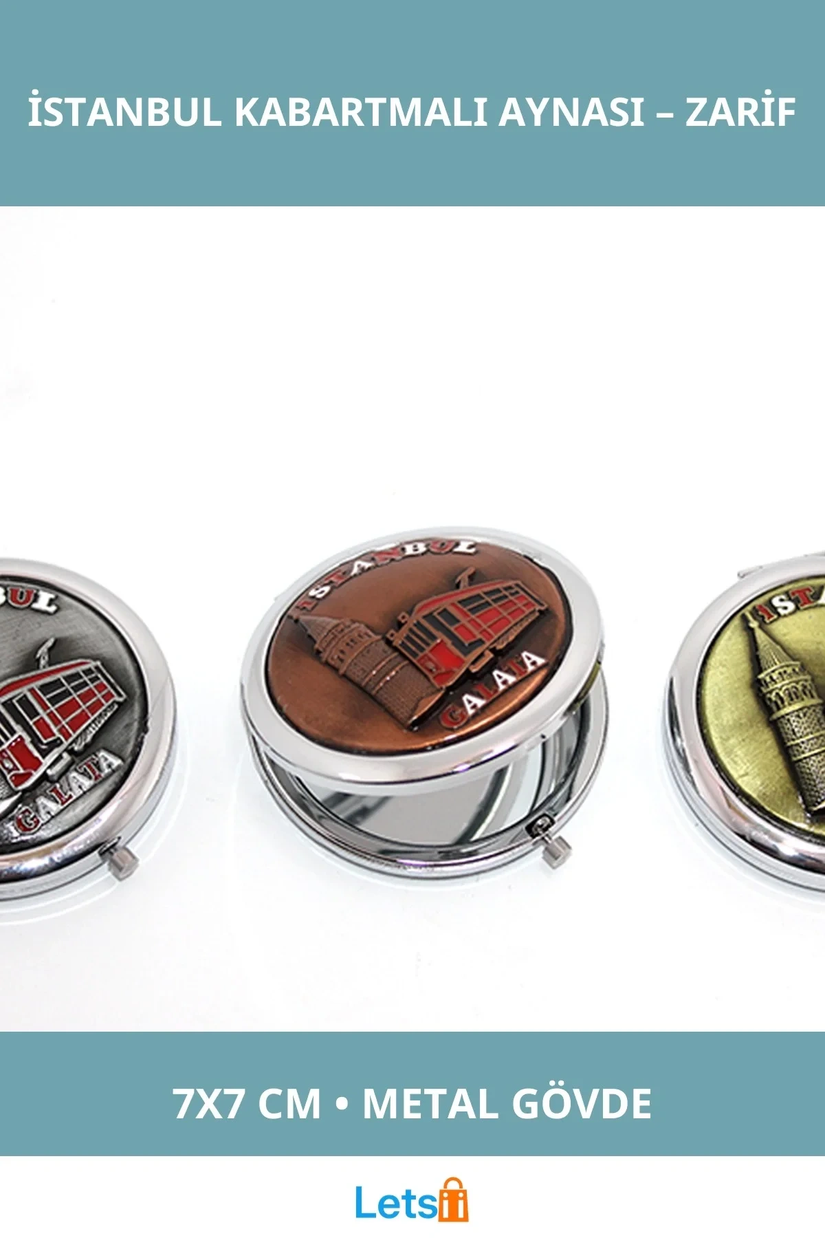 Metal İstanbul Temalı Kabartmalı El Aynası 7x7 cm