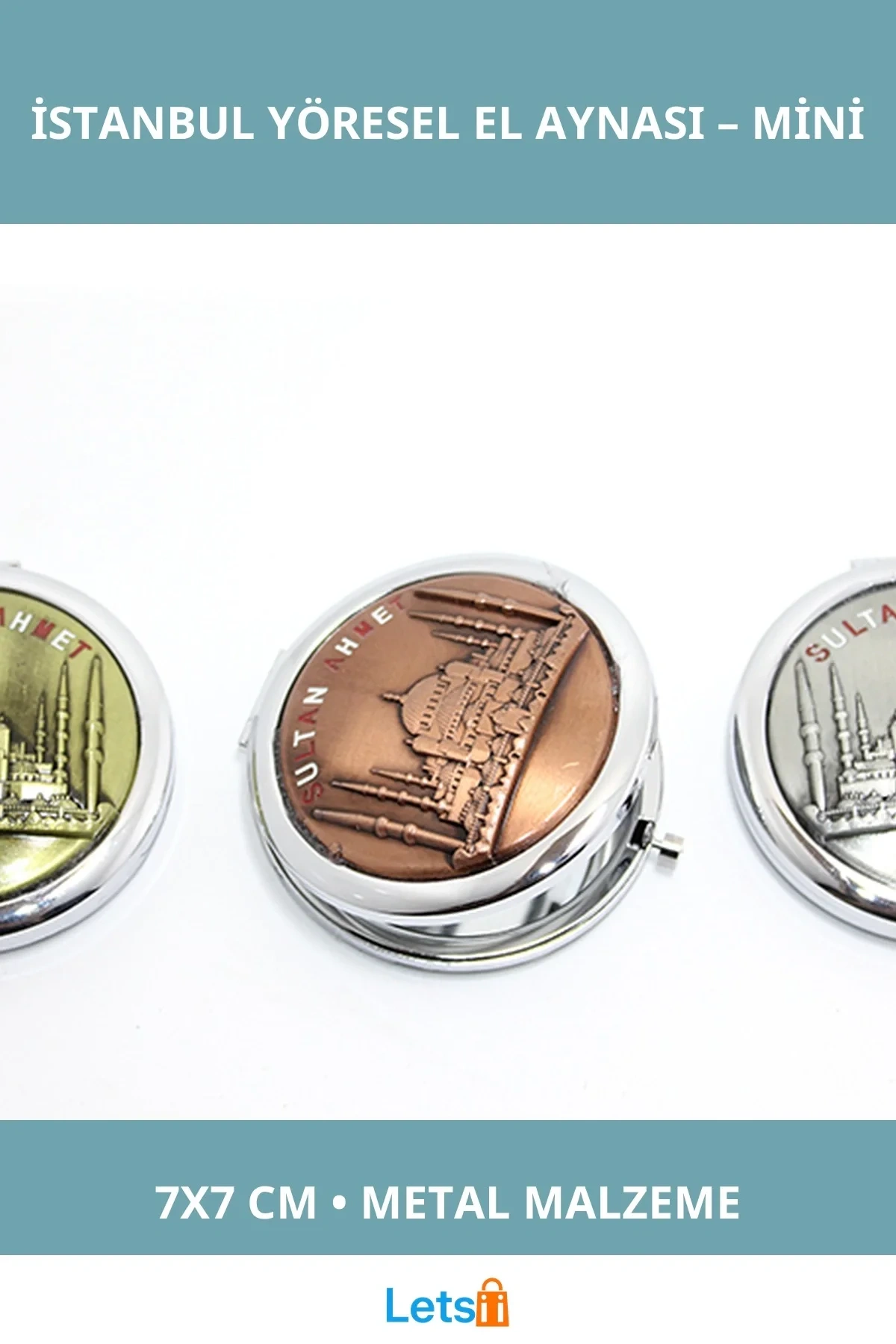 Metal İstanbul Temalı Yöresel Kabartmalı El Aynası 7x7 cm