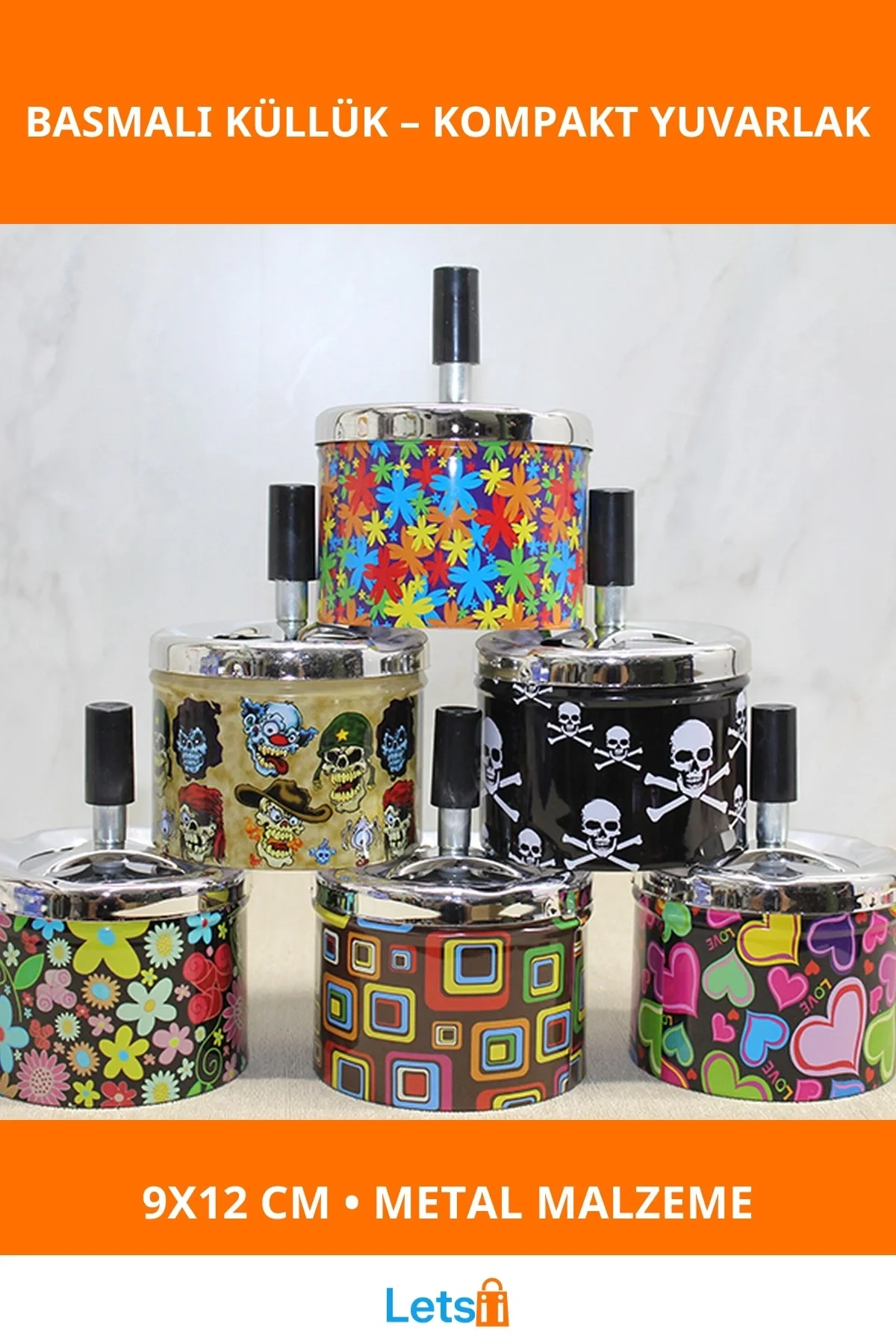 Metal Renkli Basmalı Yuvarlak Küllük Dekoratif ve Fonksiyonel