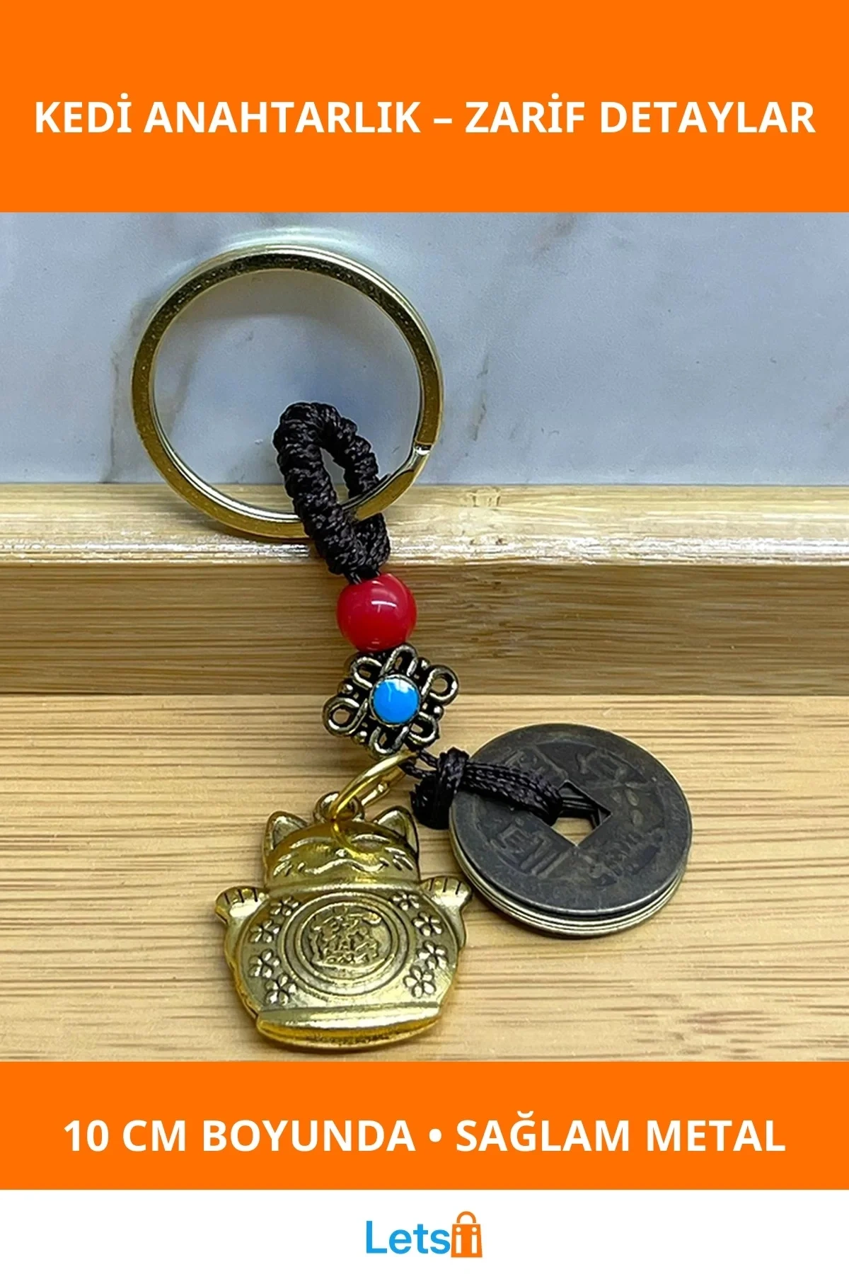 Metal Şans Ve Bereket Kedisi Anahtarlık 10 cm