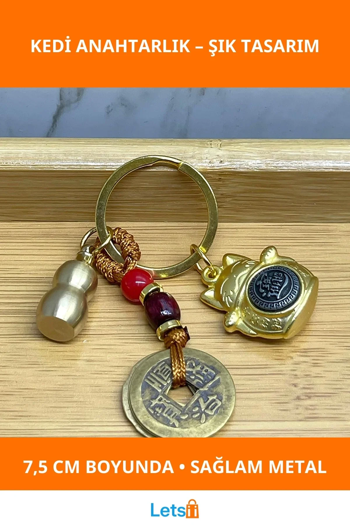 Metal Şans ve Bereket Kedisi Anahtarlık 7.5 cm Dekoratif Aksesuar