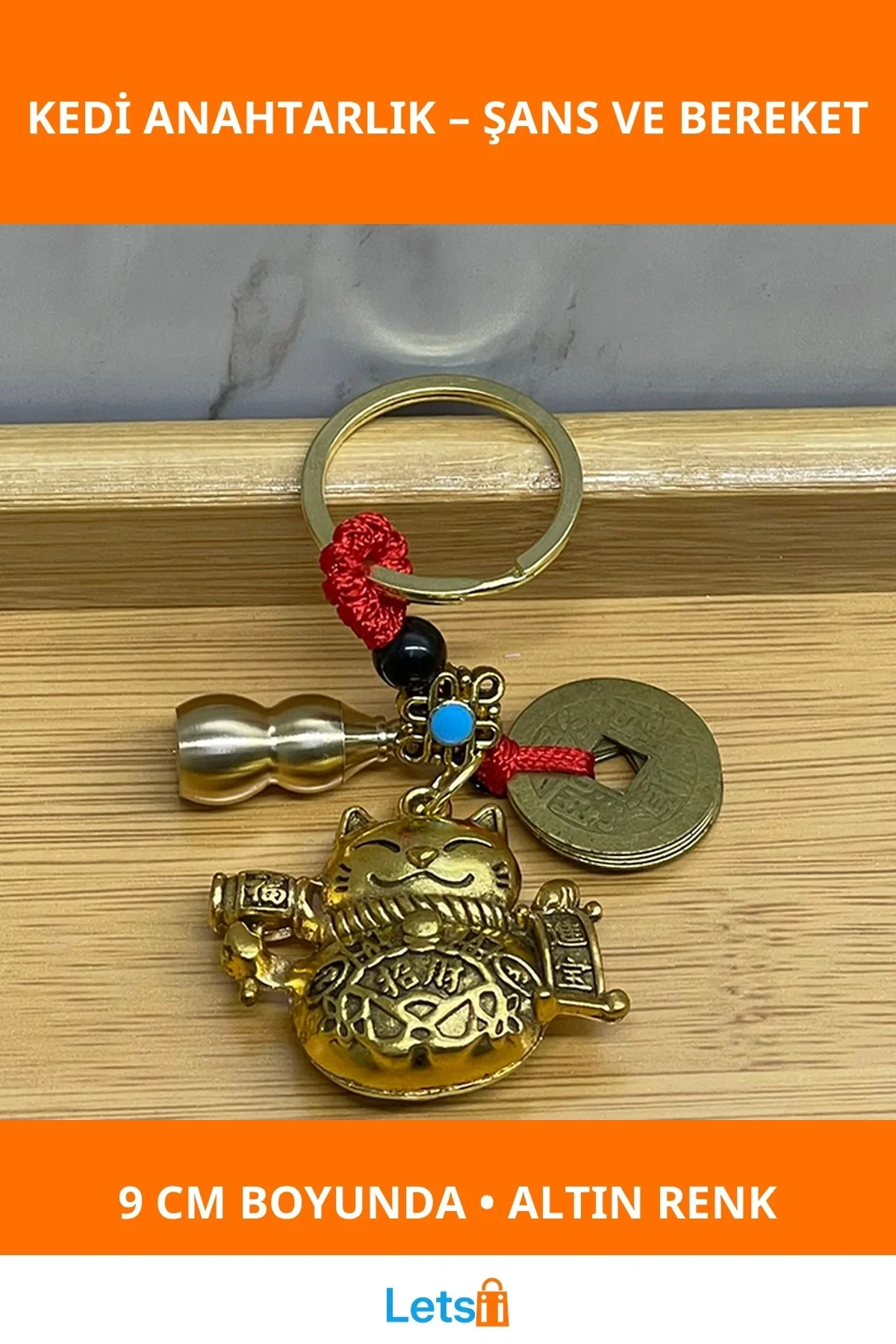 Metal Şans Ve Bereket Kedisi Anahtarlık 9 cm Altın Renk