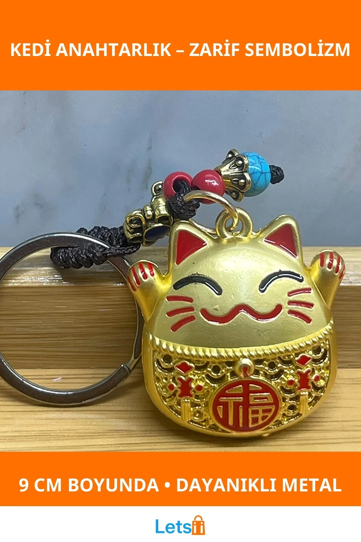 Metal Şans Ve Bereket Kedisi Anahtarlık 9 cm Dekoratif Aksesuar