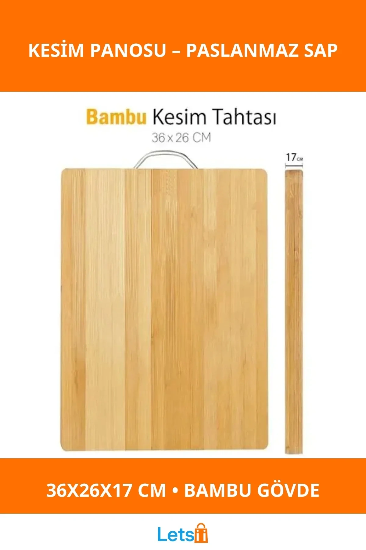 Metal Saplı Paslanmaz Bambu Kesim Panosu 36x26cm