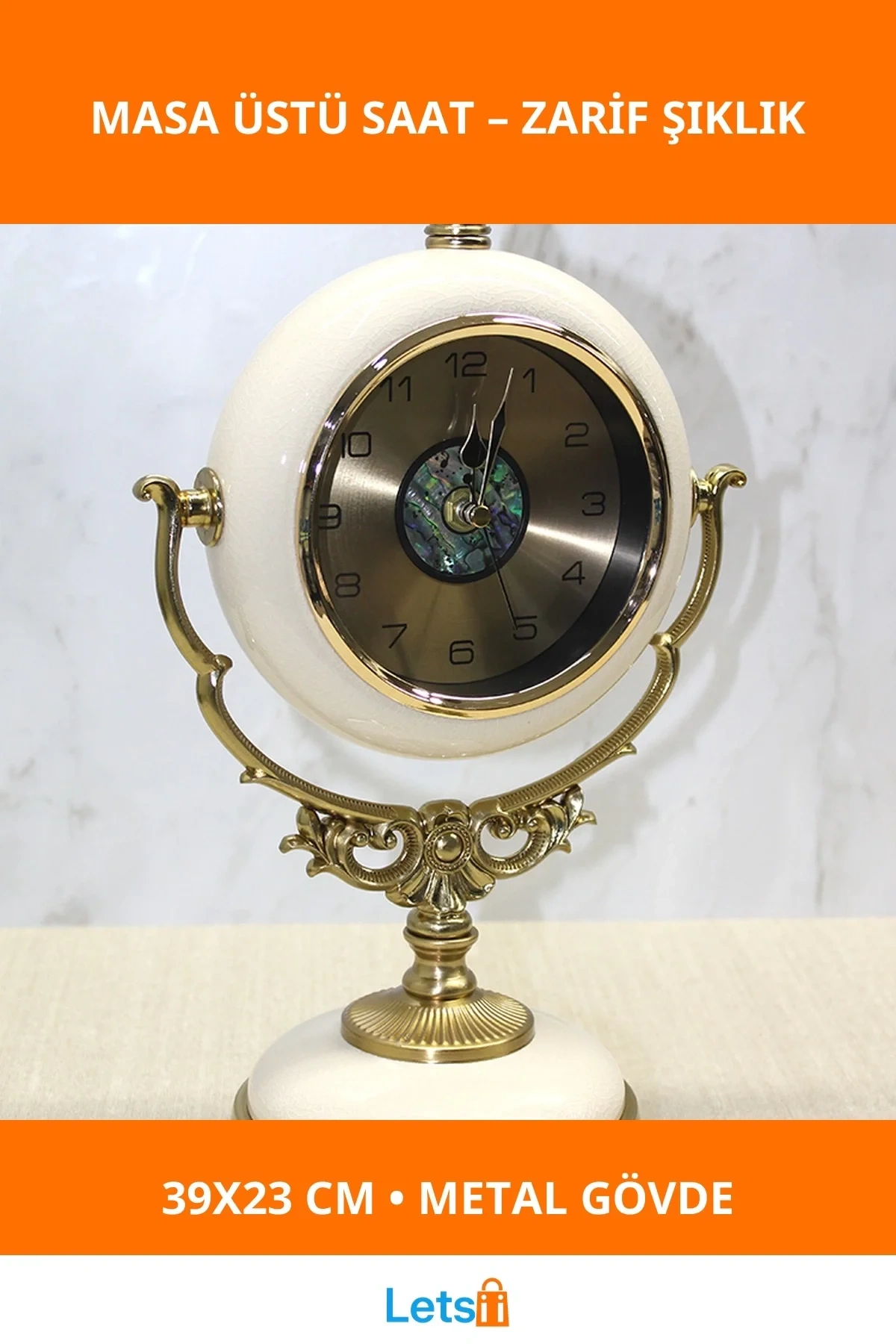 Metal Şık Masa Üstü Saat 39x23 cm Altın Tonları