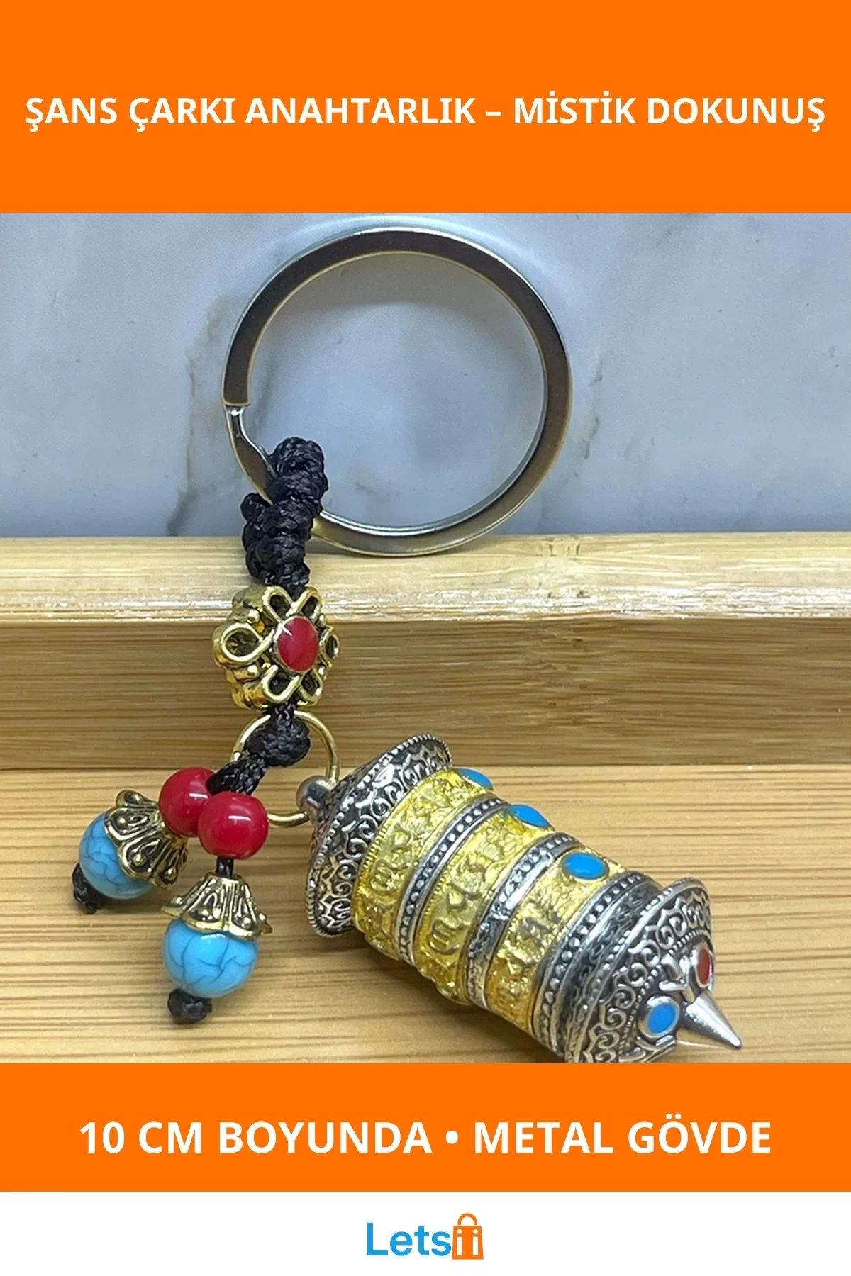 Metal Tibet Şans Çarkı Anahtarlık 10 cm Renkli Boncuklu