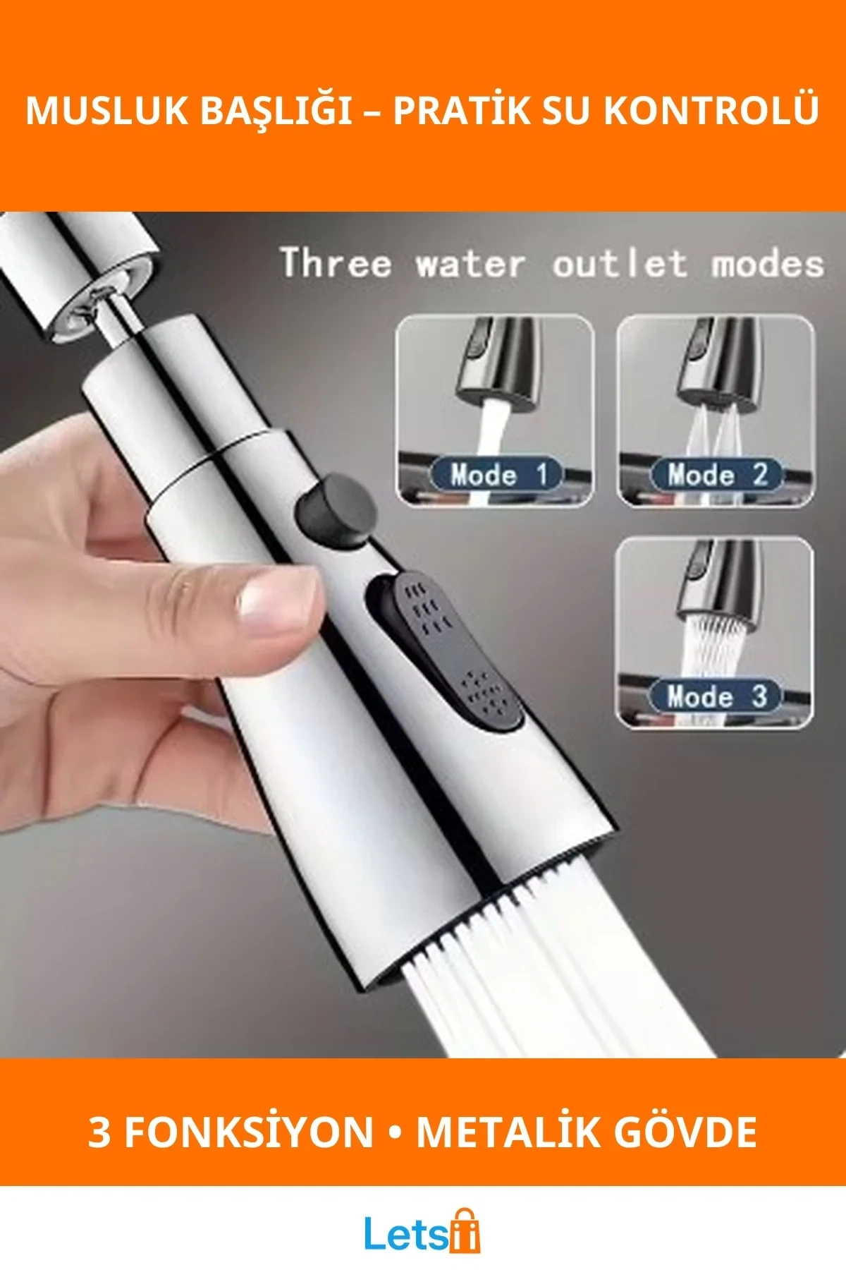 Metalik 3 Fonksiyonlu Musluk Başlığı Mutfak İçin