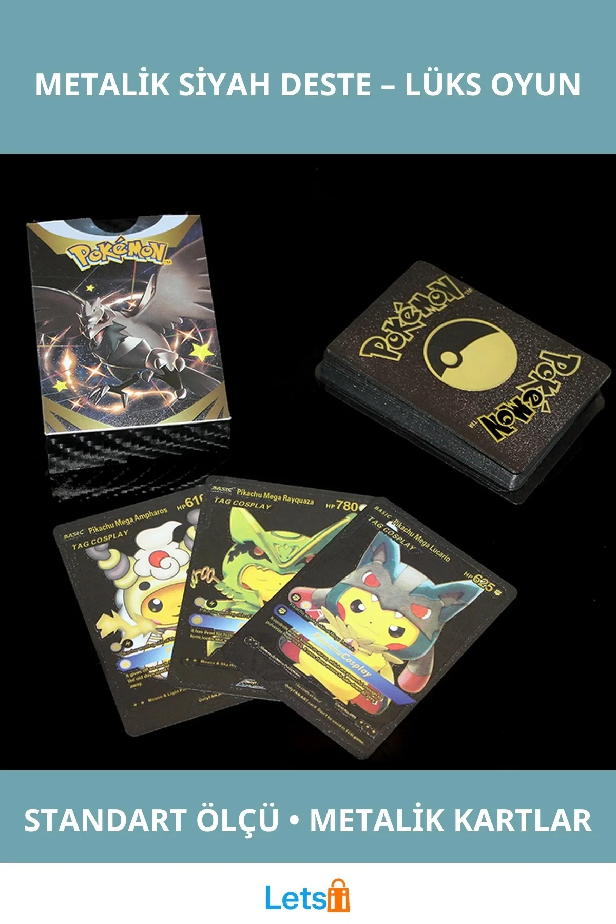 Metalik Siyah Pokemon Oyun Kartı Deste Koleksiyonluk