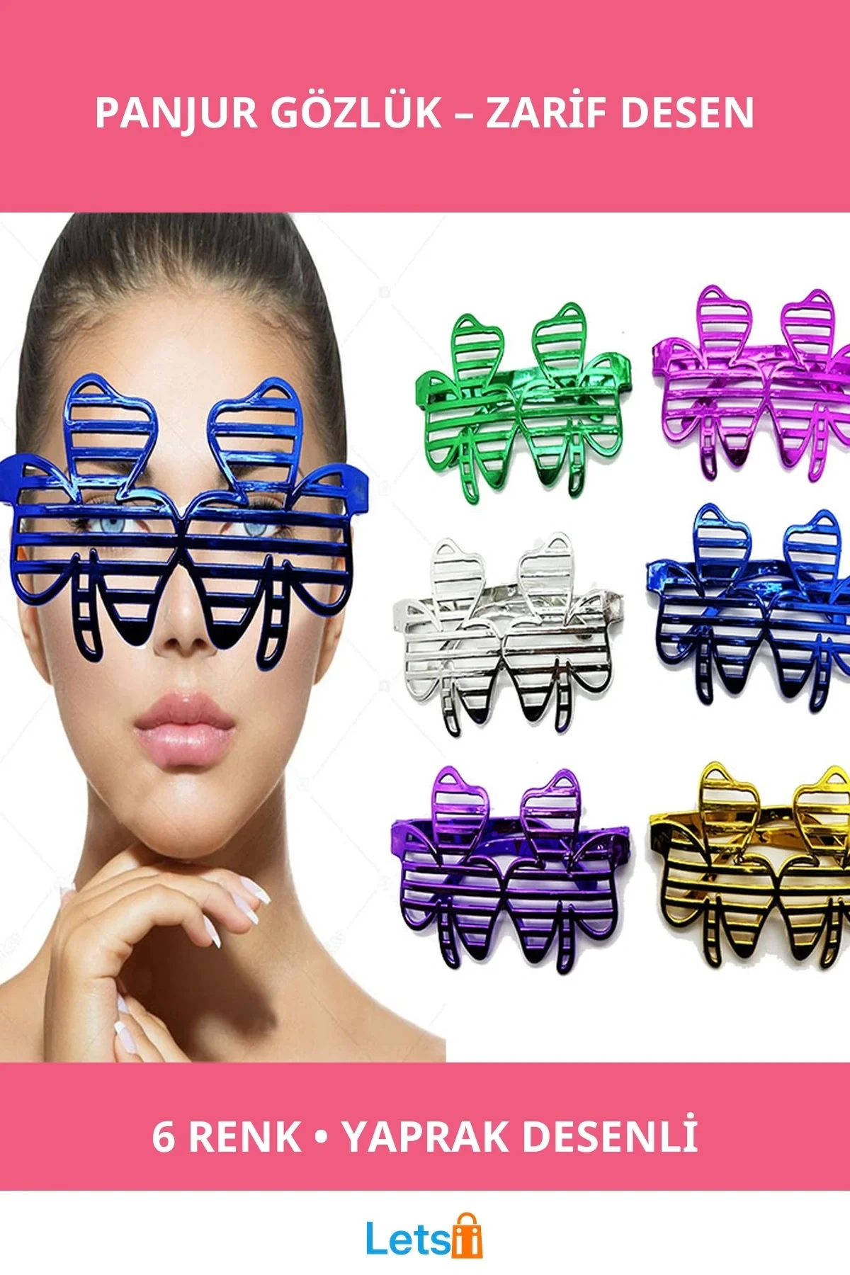 Metalize Parlak Yaprak Desenli Parti Gözlüğü 6lı Set