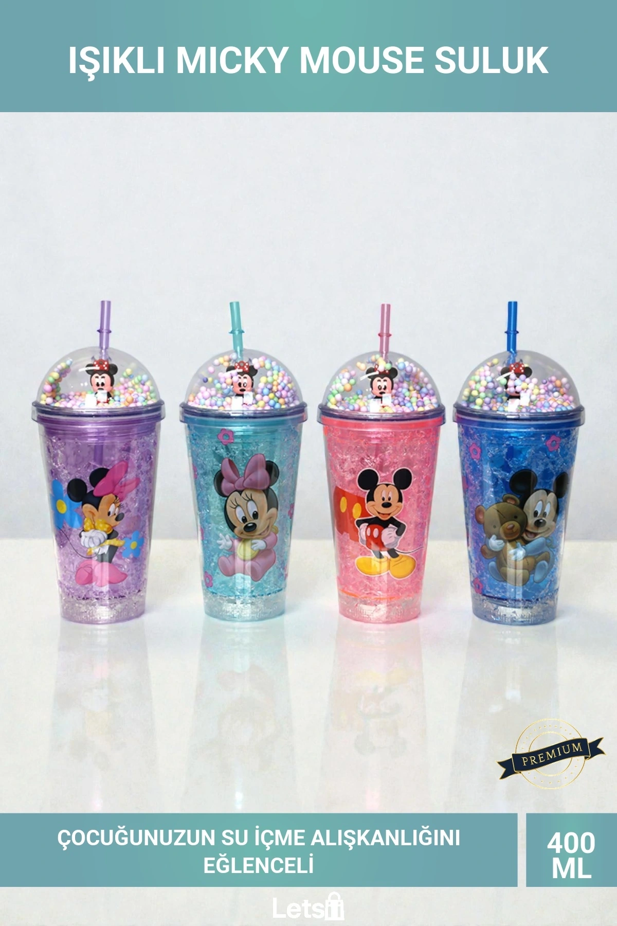 Mickey Mouse Lisanslı Pipetli Işıklı Boncuklu Çocuk Suluk Bardak 400 ml