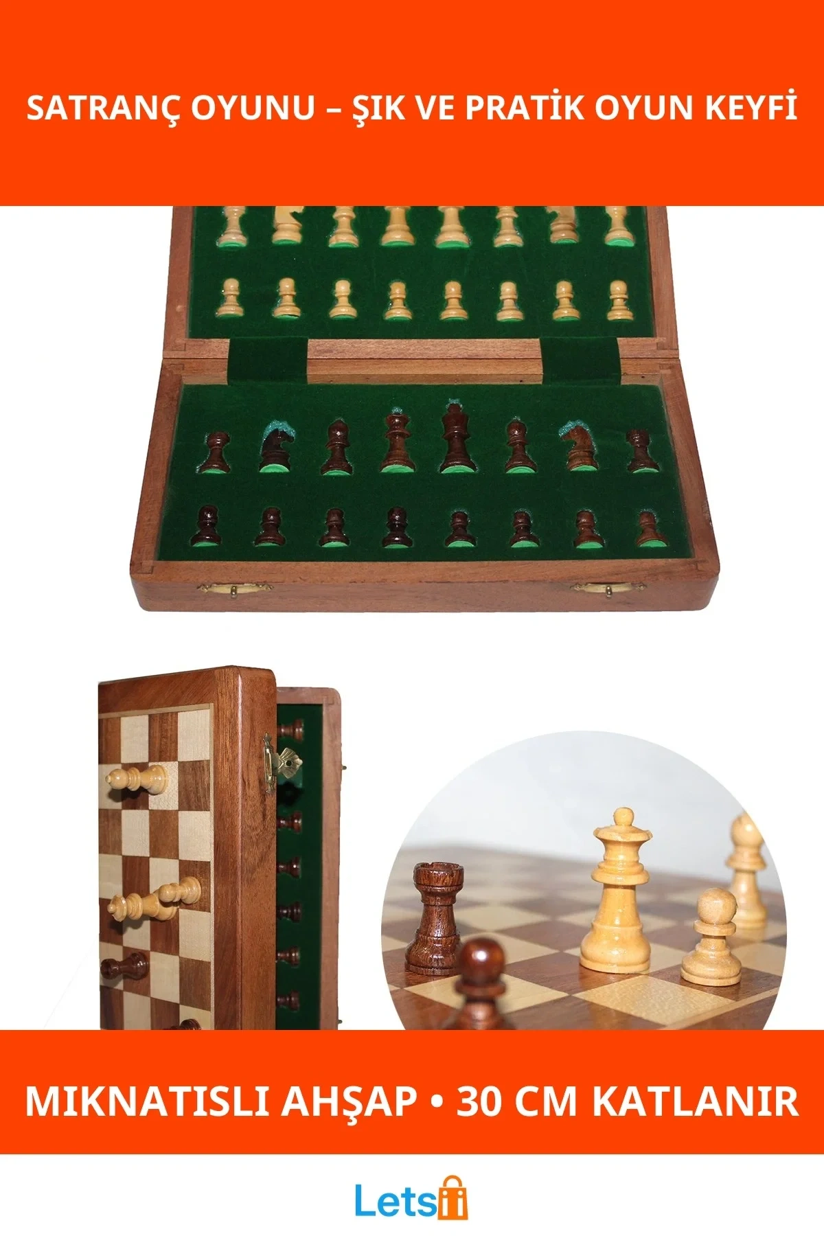 Mıknatıs Taşlı Ahşap Katlanabilir Satranç Oyunu 30 Cm