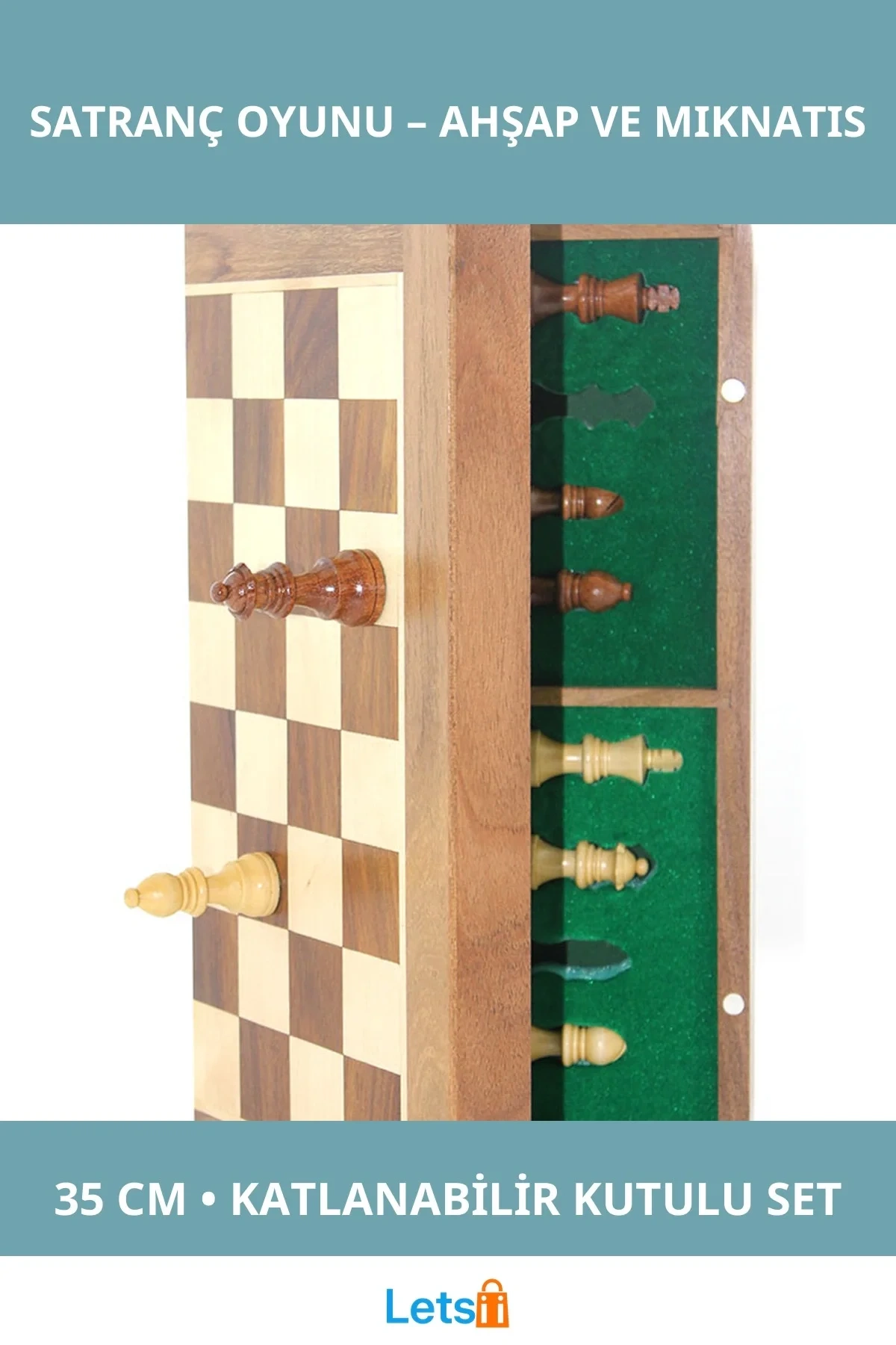 Mıknatıs Taşlı Ahşap Katlanabilir Satranç Oyunu 35 Cm