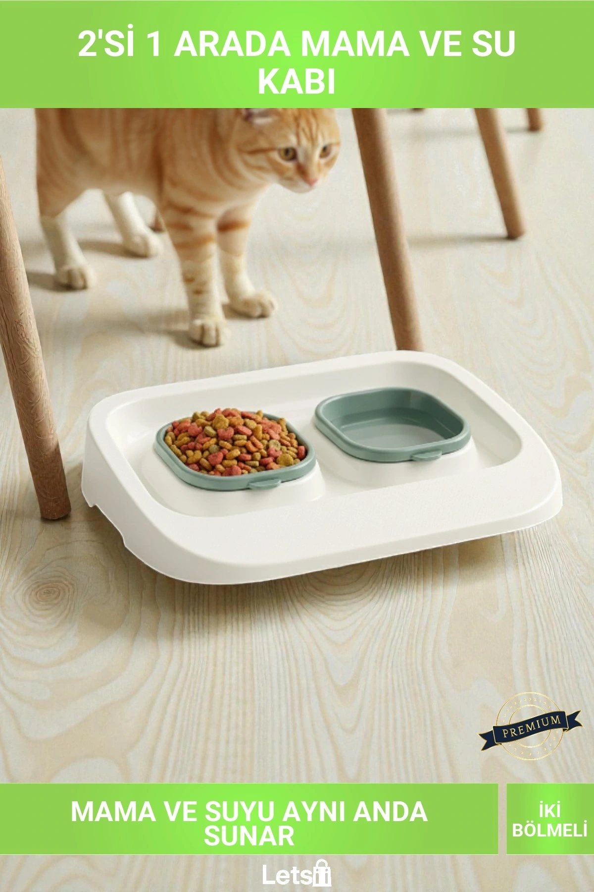 Mikopet Yeşil 2si1 Arada Mama ve Su Kabı Kedi Köpek Beslenme Kabı