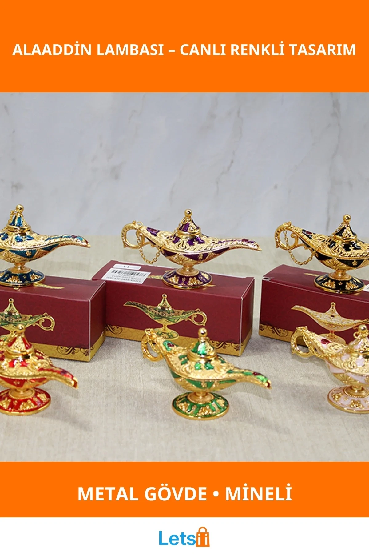 Mineli Metal Alaaddin Lambası Altın Detaylı Nostaljik Dekoratif Obje