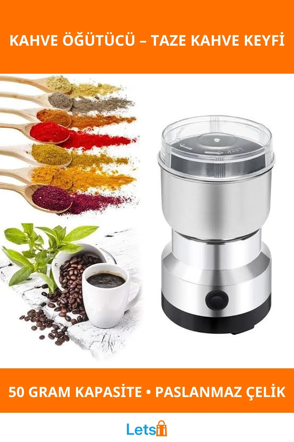 Mini Elektrikli Kahve Öğütücü Düşük Sesli Paslanmaz Çelik 50 Gram