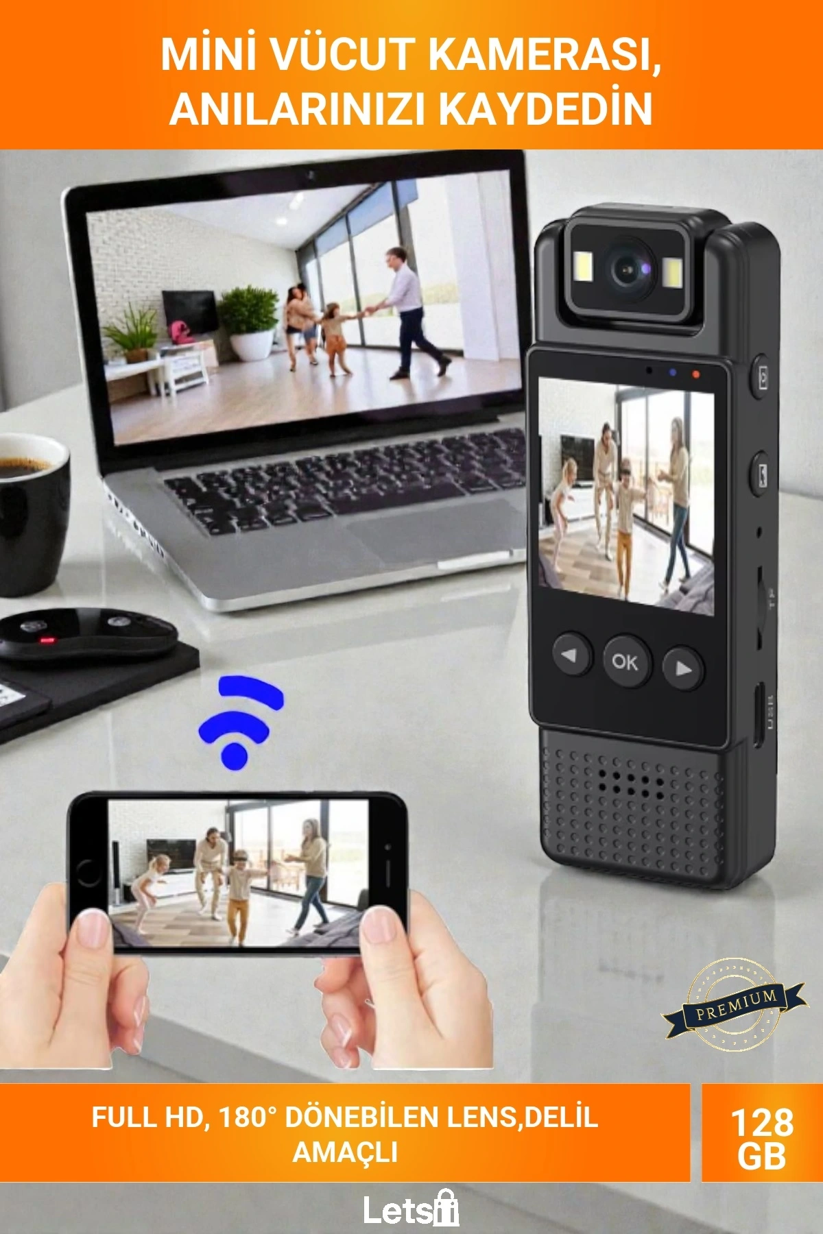 Mini Taşınabilir Full HD 1080P Wi Fi 180° Dönebilir Lensli 6 Saat Kayıtlı Vücut Vlog Güvenlik Kamerası (54 gr)