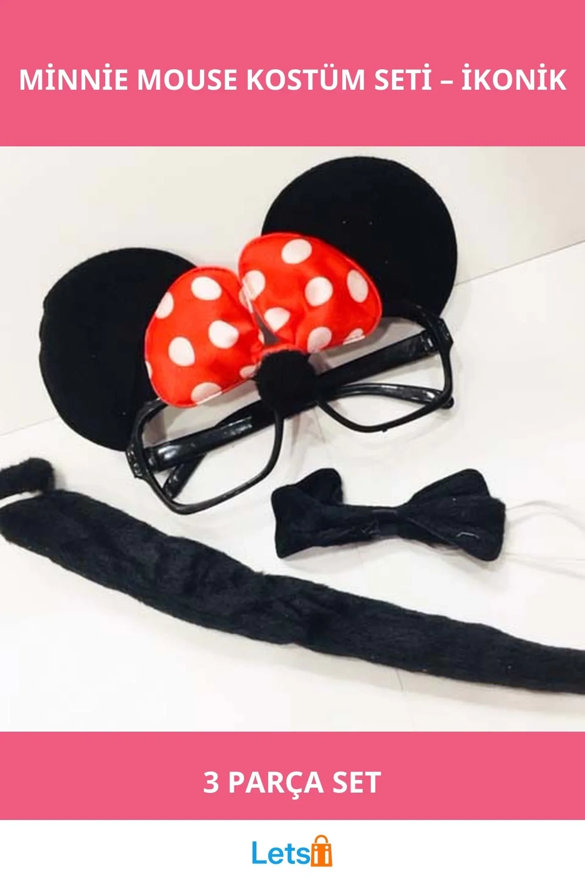 Minnie Mouse Parti Kostümü Gözlük Papyon Kuyruk Seti