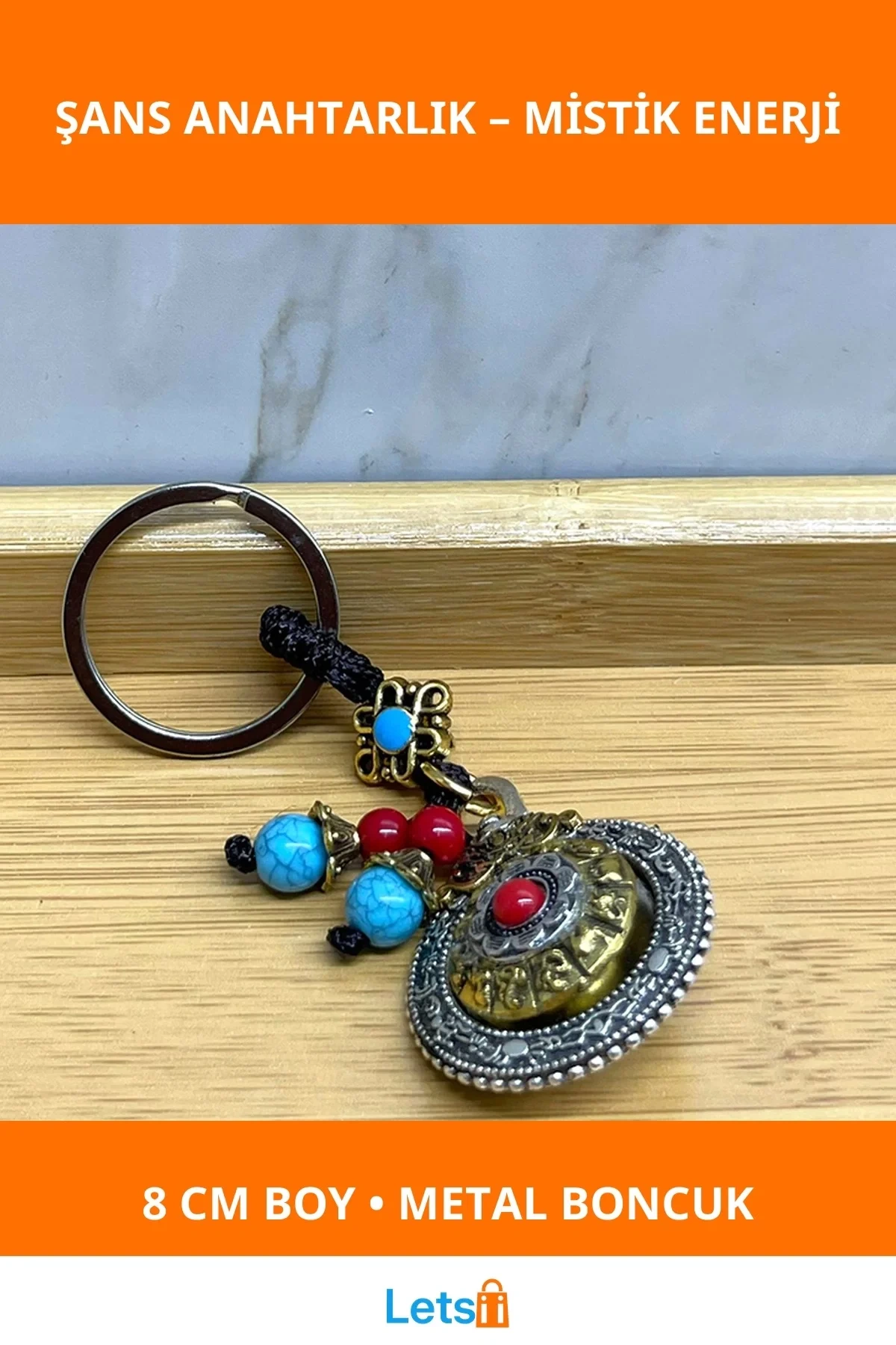 Mistik Mantra Çarkı Şans Anahtarlık Metal Renkli Boncuk Detaylı 8 cm