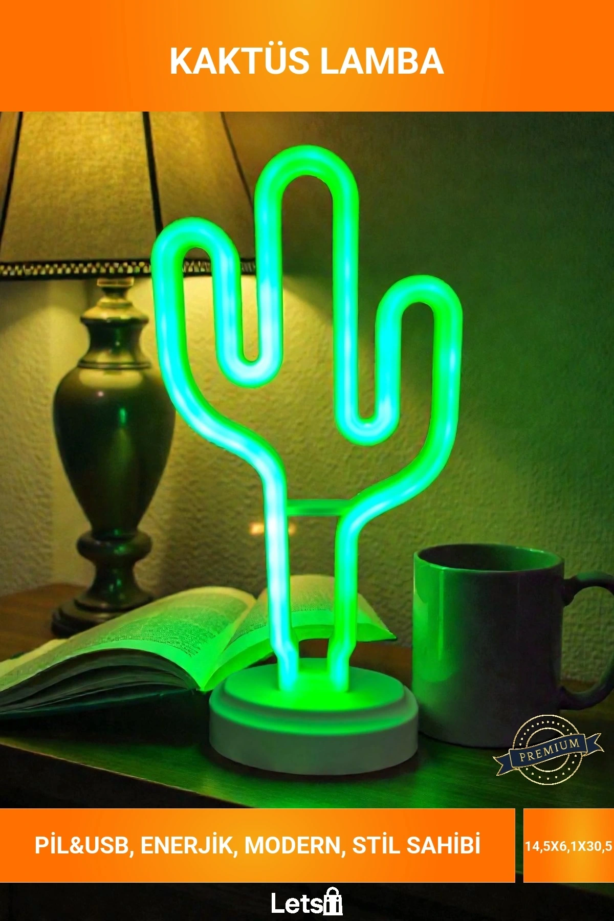 Modern Dekoratif Yeşil Neon Işıklı Kaktüs Figürlü USB ve Pilli Masa Gece Lambası