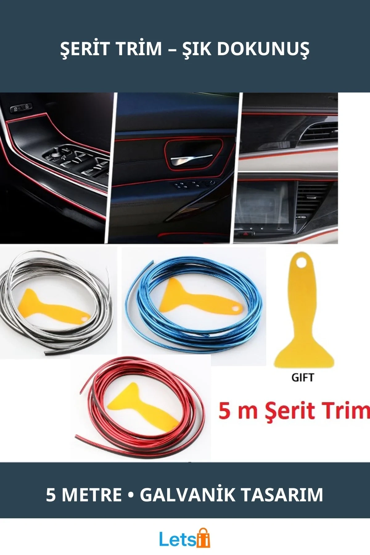 Modern Esnek PVC Araba Dekorasyon 5 Metre Şerit Trim Kırmızı Mavi Gümüş