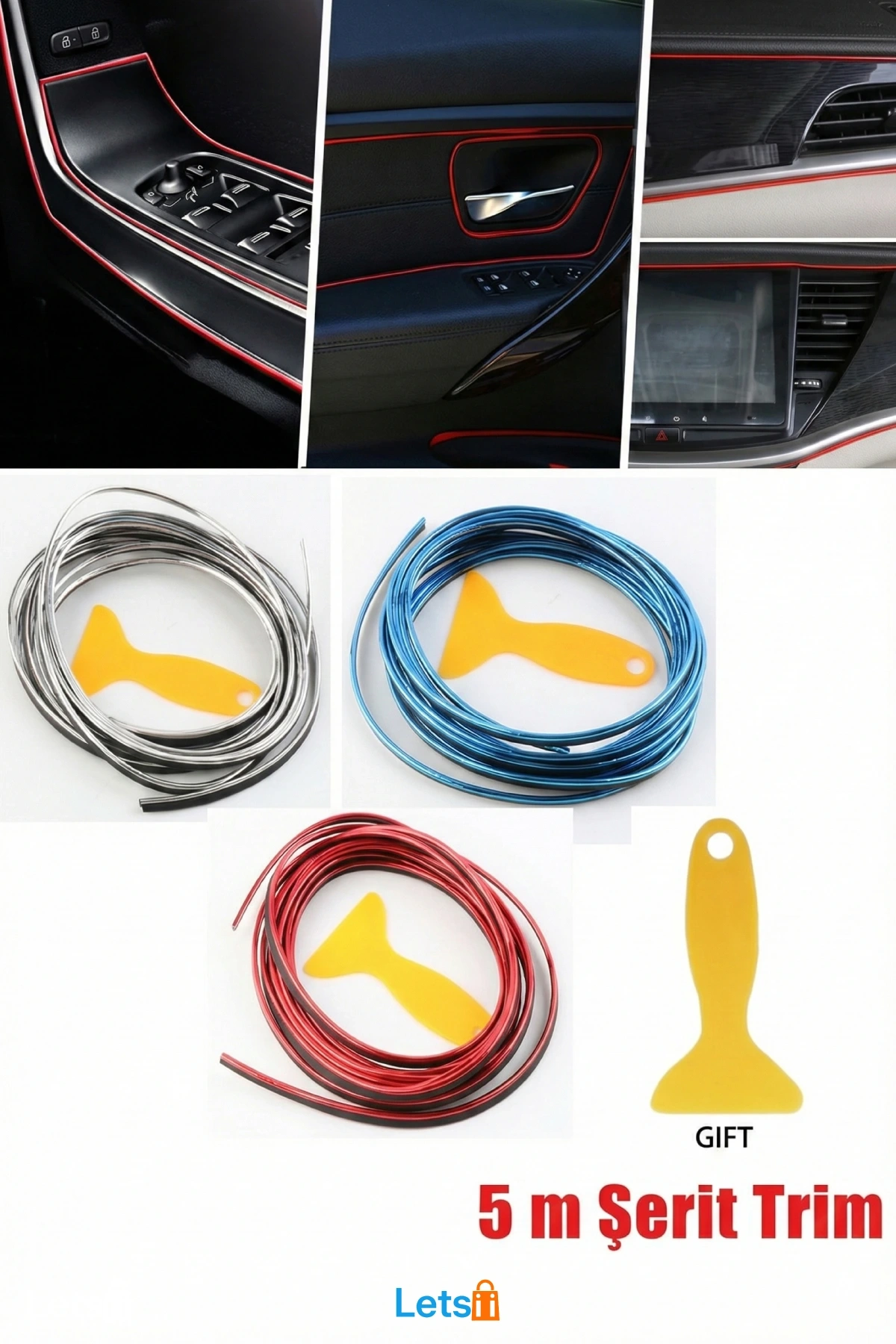 Modern Esnek PVC Araba Dekorasyon 5 Metre Şerit Trim Kırmızı Mavi Gümüş