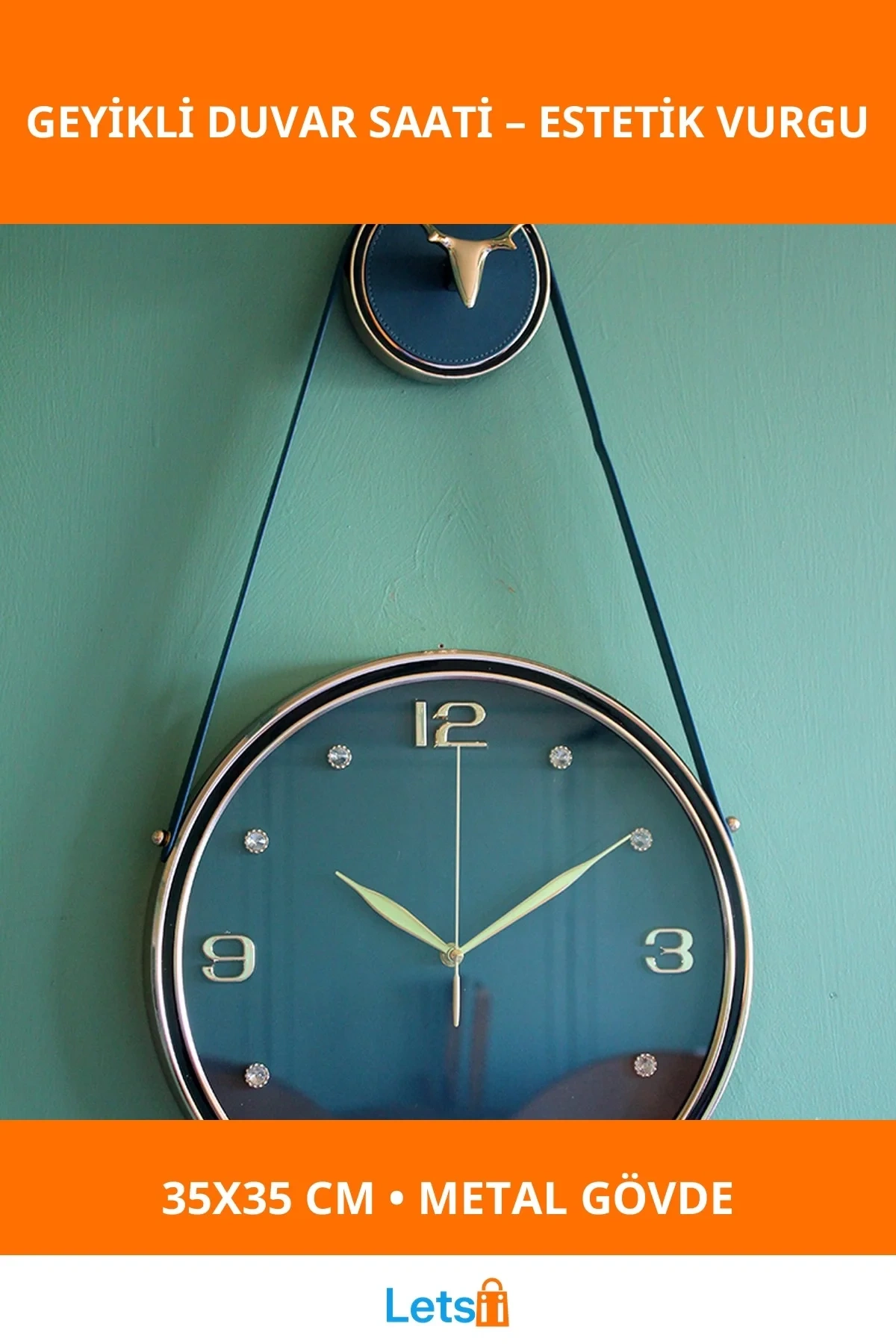 Modern Geyikli Duvar Saati 35x35 cm Şık Metal Tasarım