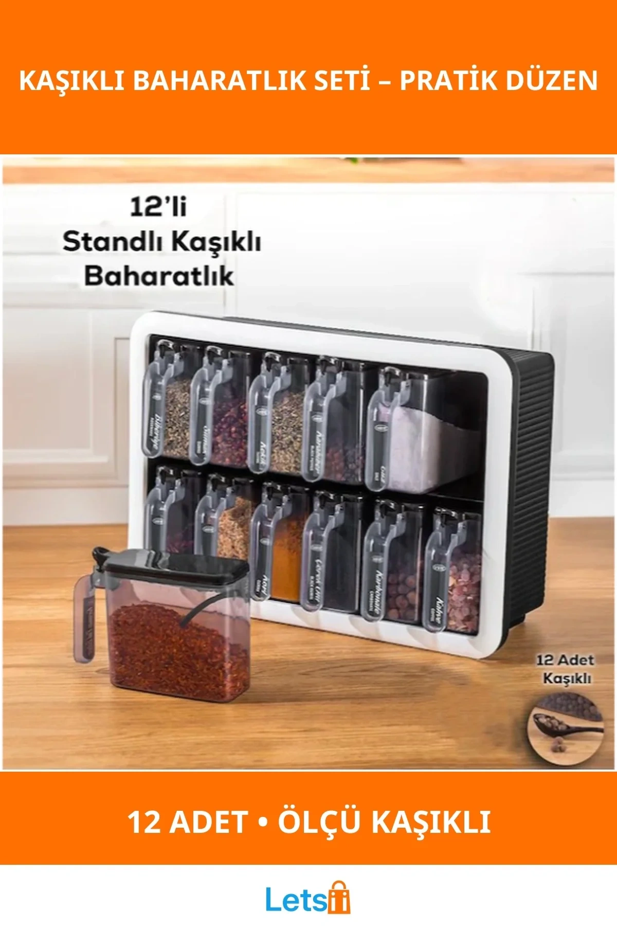 Modern Şeffaf 12li Standlı Kaşıklı Baharatlık Seti