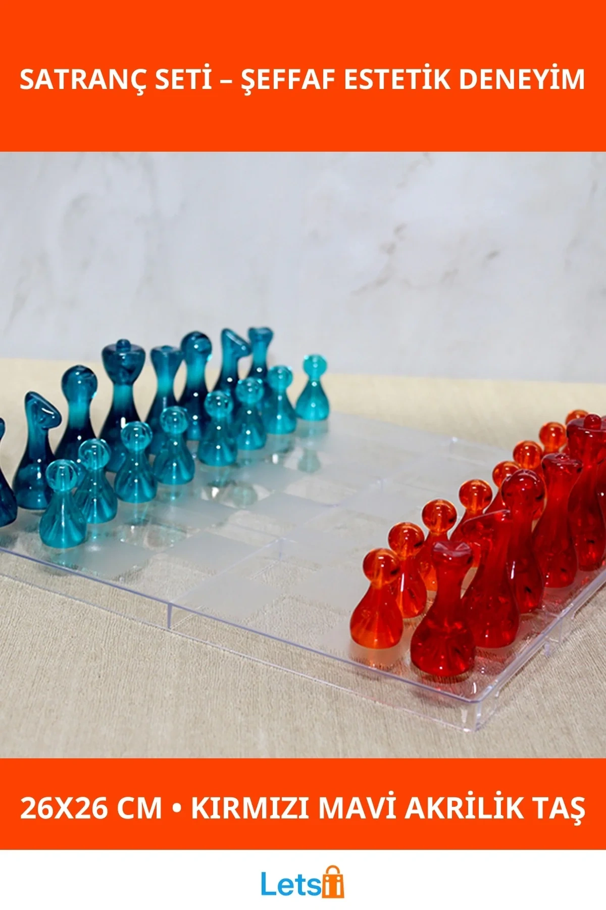 Modern Şeffaf Akrilik Satranç Takımı Kırmızı Mavi 26x26 cm