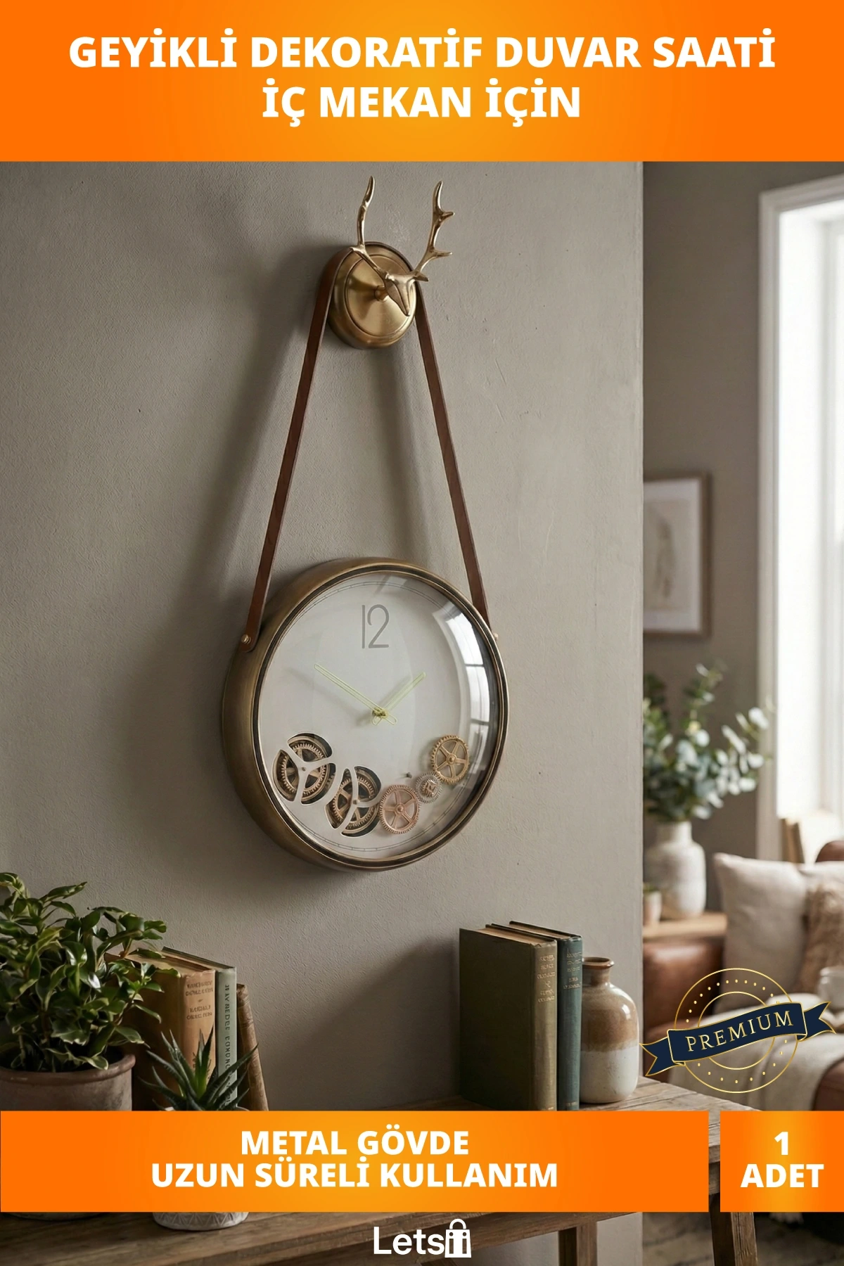 Modern Tasarım Çarklı Geyikli Duvar Saati 36x34 cm