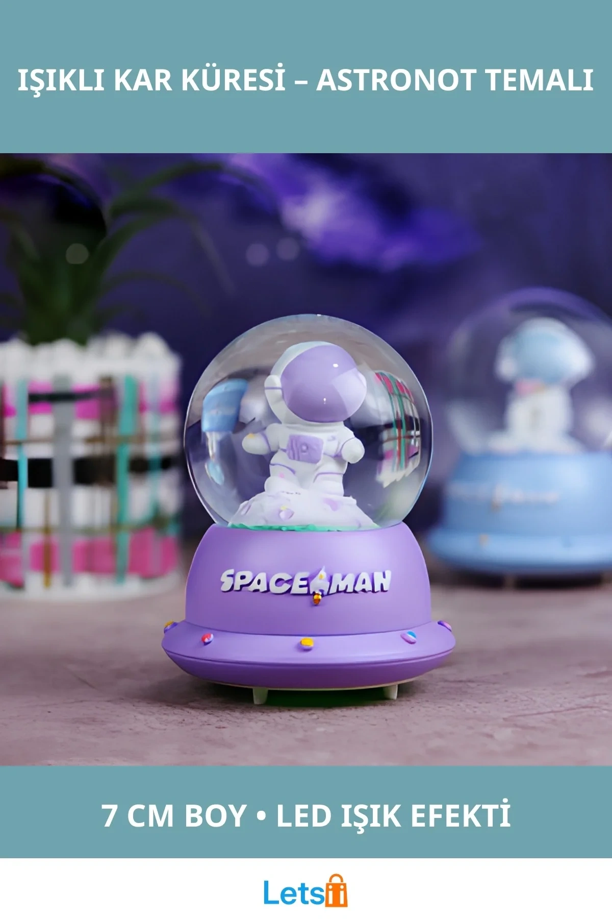 Mor Astronot Işıklı Kar Küresi Gece Lambası
