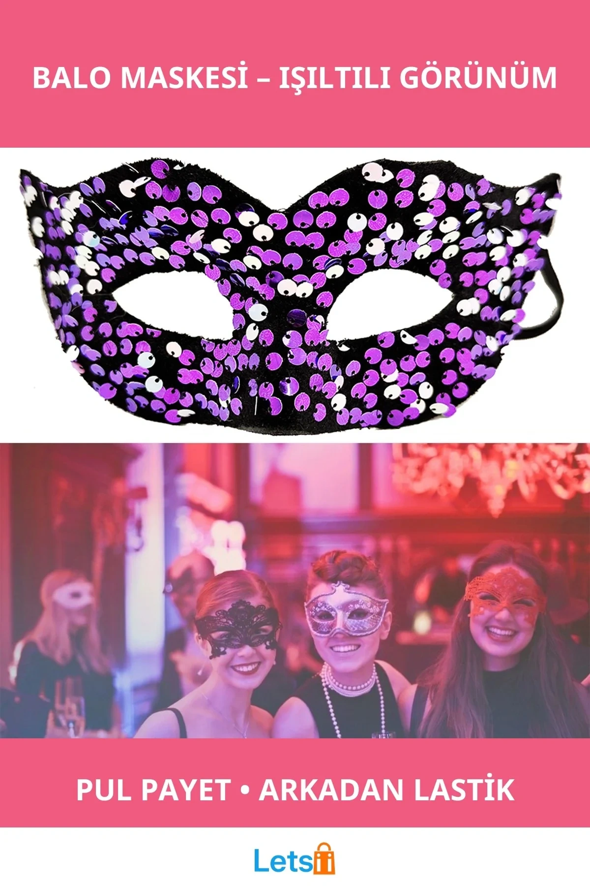 Mor Renk Arkadan Lastikli Pul Payet İşlemeli Balo Maskesi