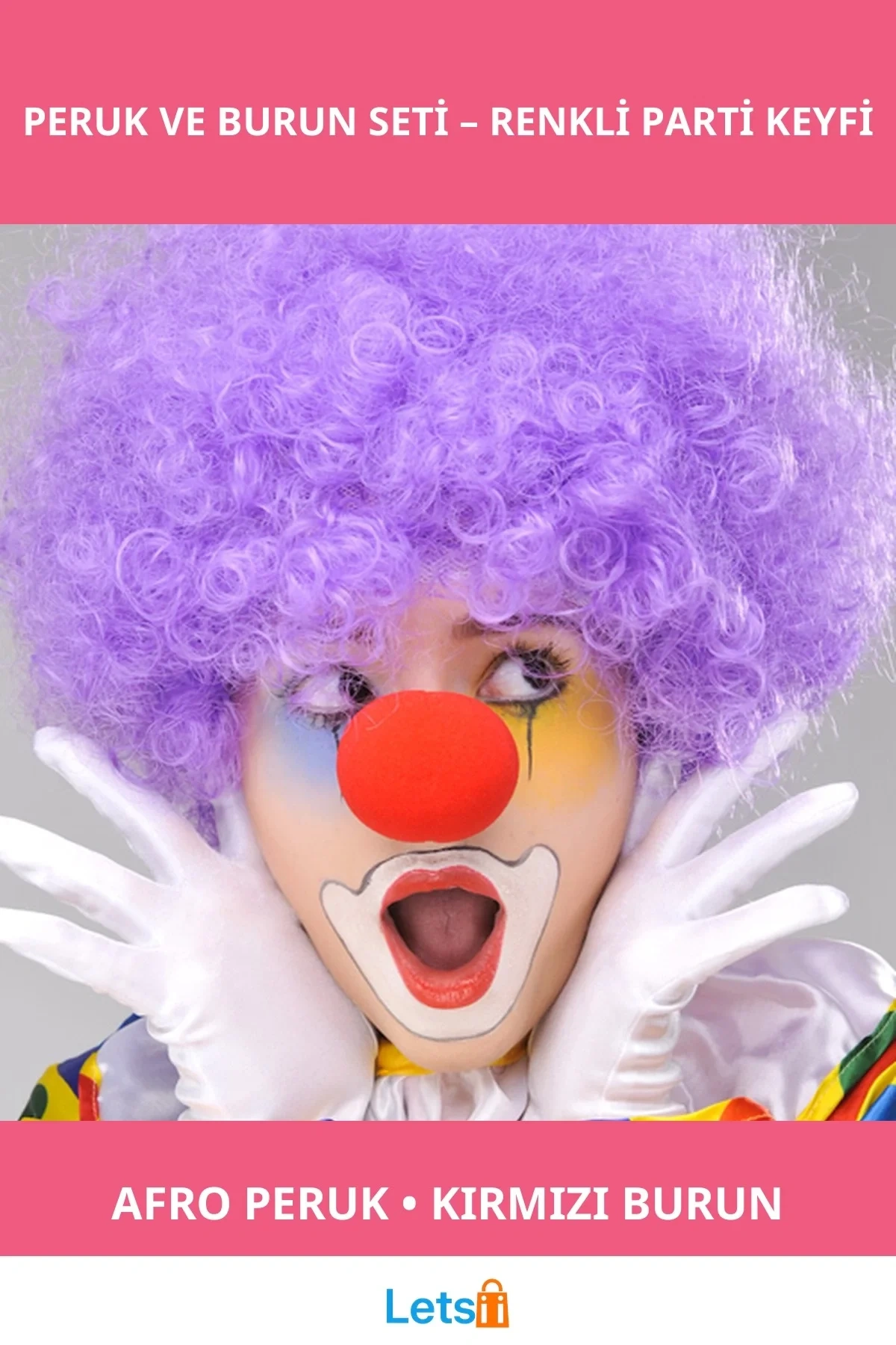 Mor Renk Kıvırcık Afro Bonus Peruk ve Kırmızı Burun