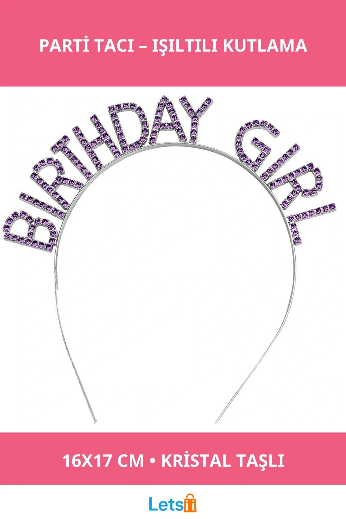 Mor Renk Kristal Taşlı Parlak Doğum Günü Kızı Taçı