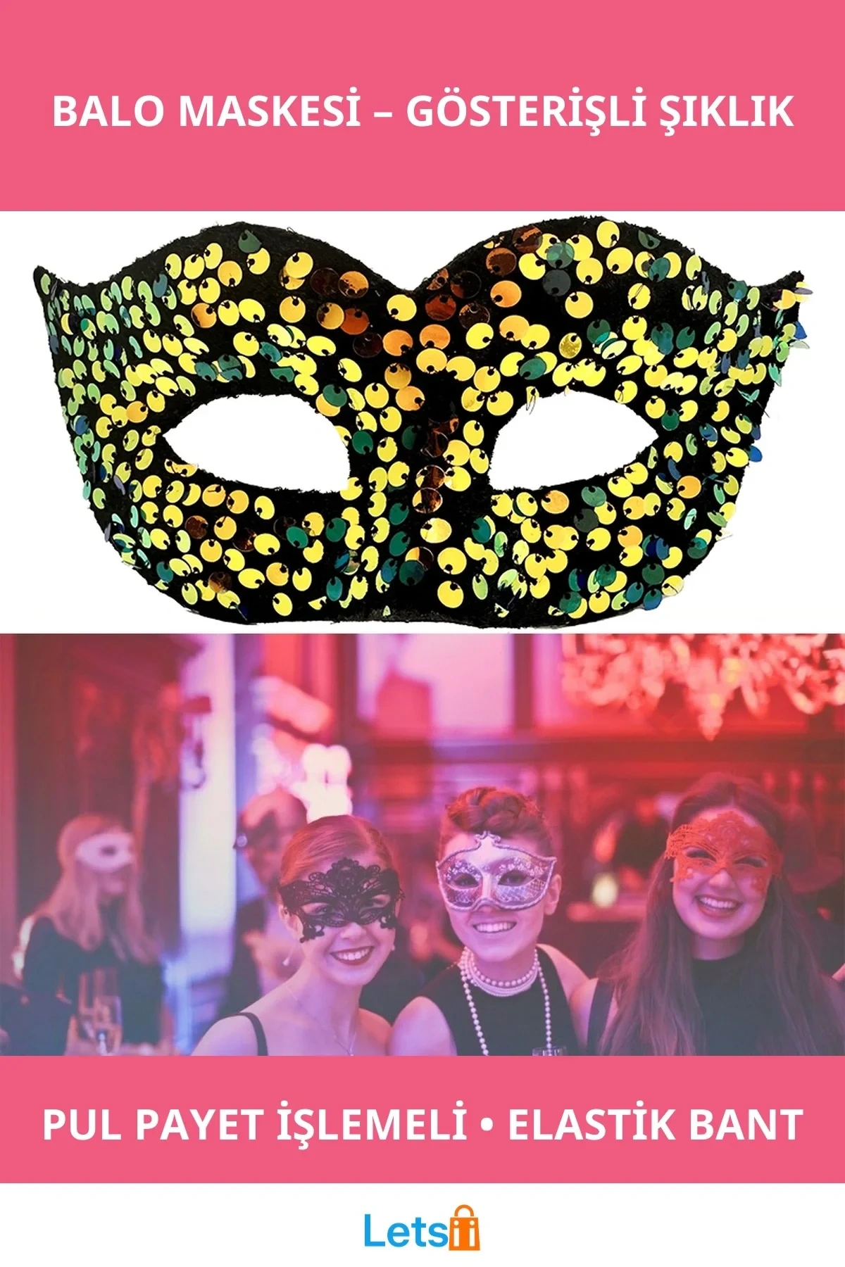 Mor Renk Pul Payet İşlemeli Arkadan Lastikli Balo Maskesi