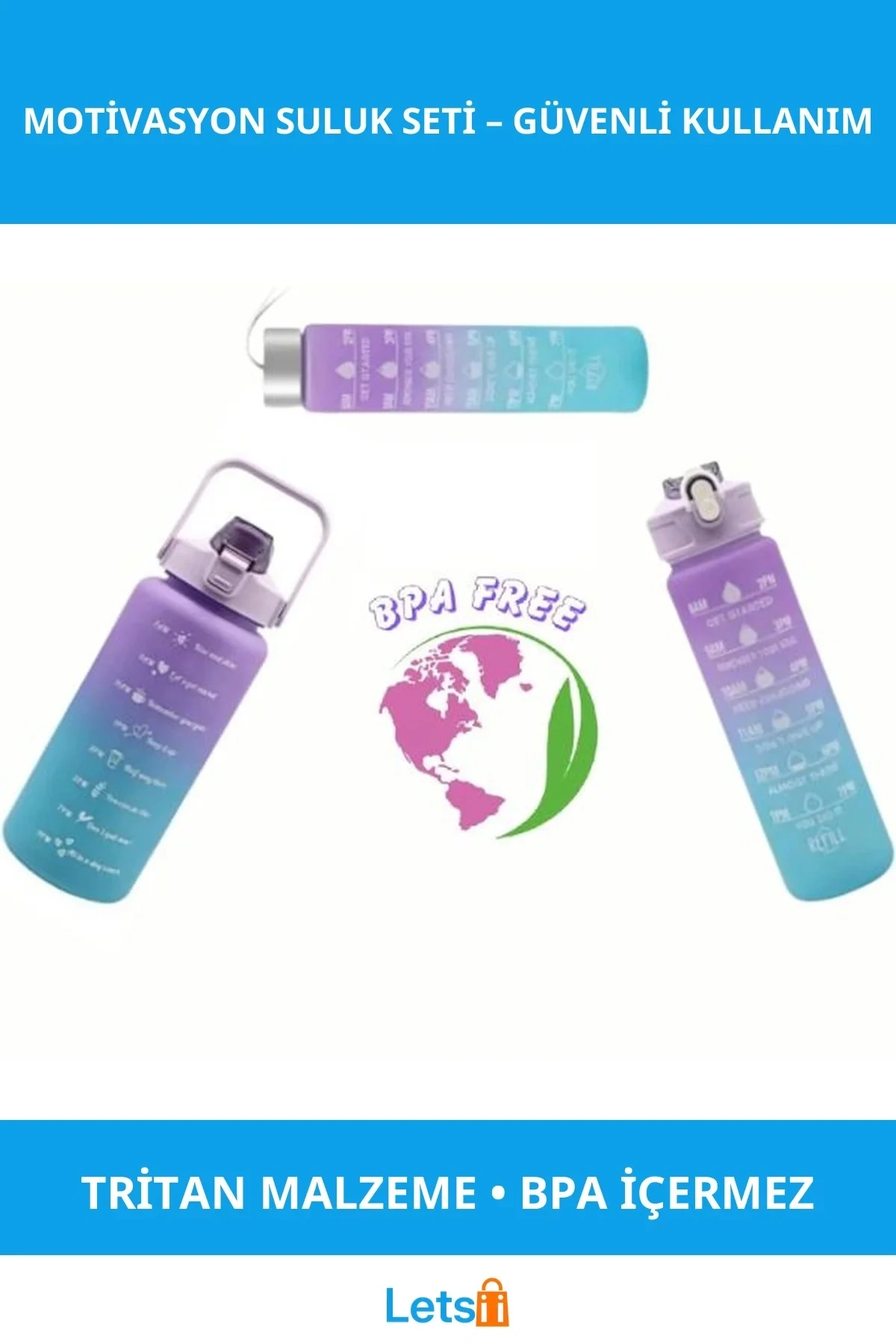 Motivasyonel Su Matarası Seti 300ML, 750ML ve 2000ML Renkli Tritan