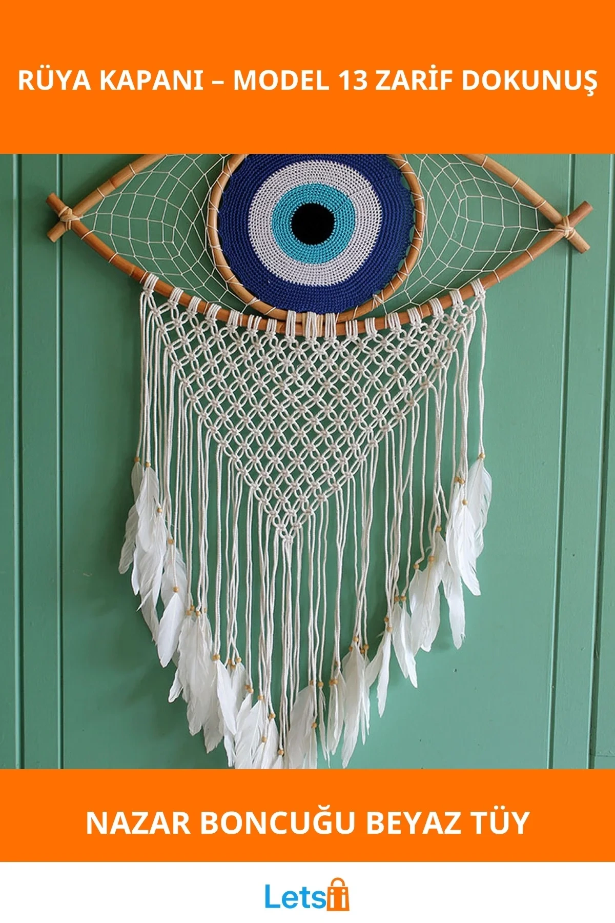 Nazar Boncuğu İpli Beyaz Tüylerle Zarif Rüya Kapanı Dream Catcher