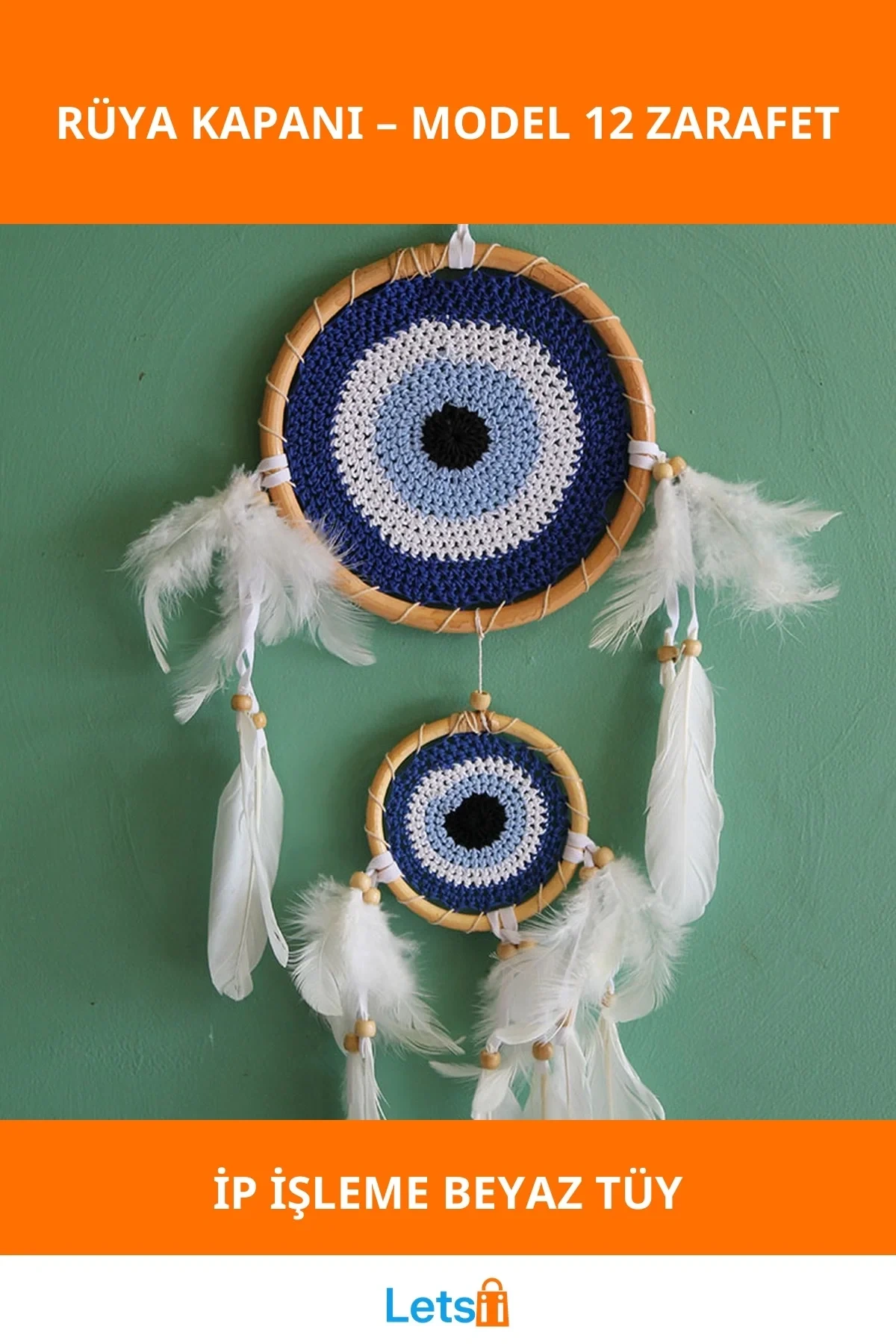 Nazar Boncuğu ve Beyaz Tüylerle Tasarlanmış Estetik Rüya Kapanı