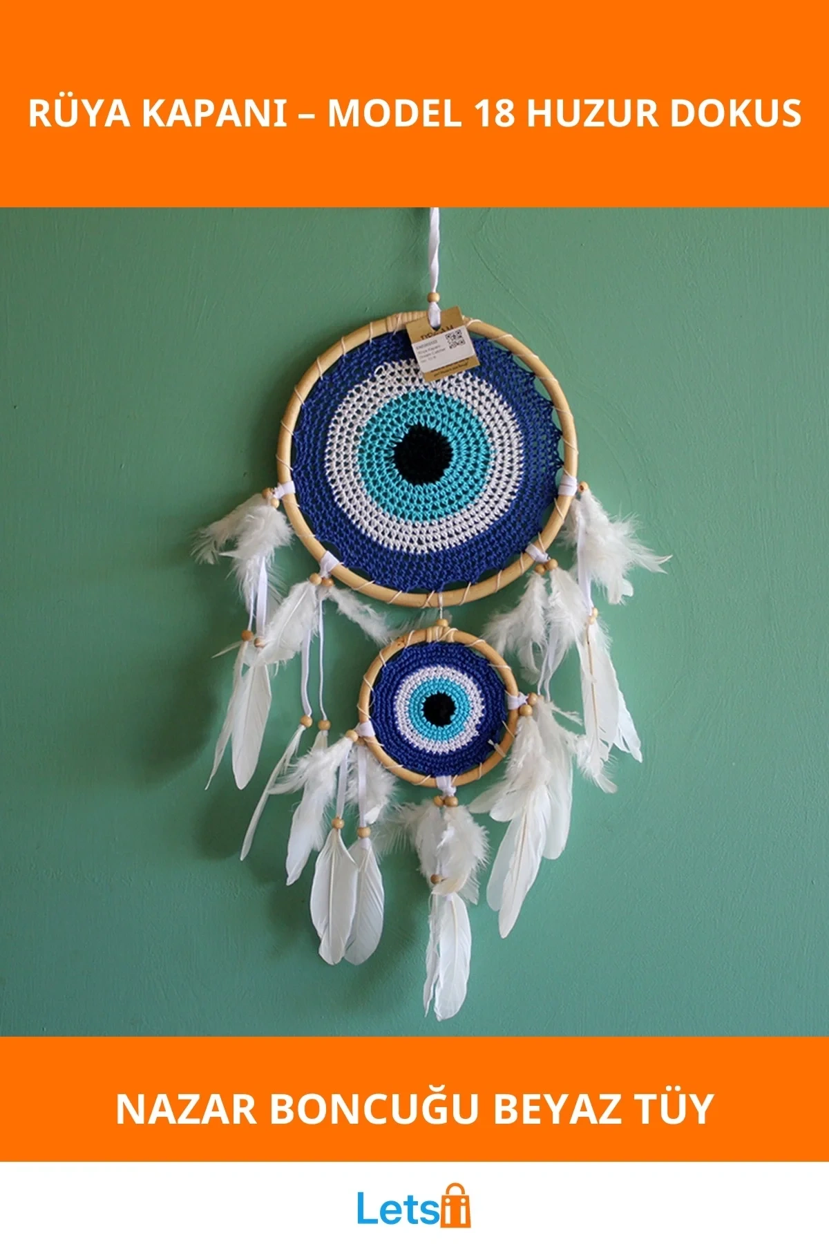 Nazar Boncuğu ve Beyaz Tüylerle Tasarlanmış Estetik Rüya Kapanı