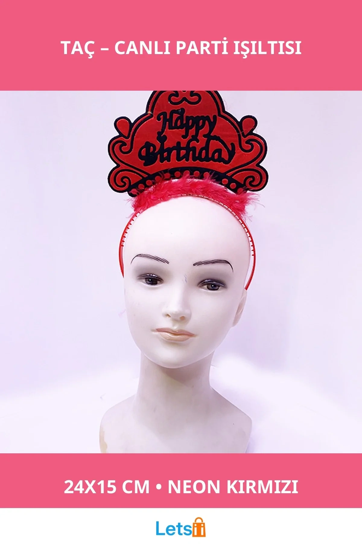 Neon Kırmızı Happy Birthday Doğum Günü Tacı 24x15 cm